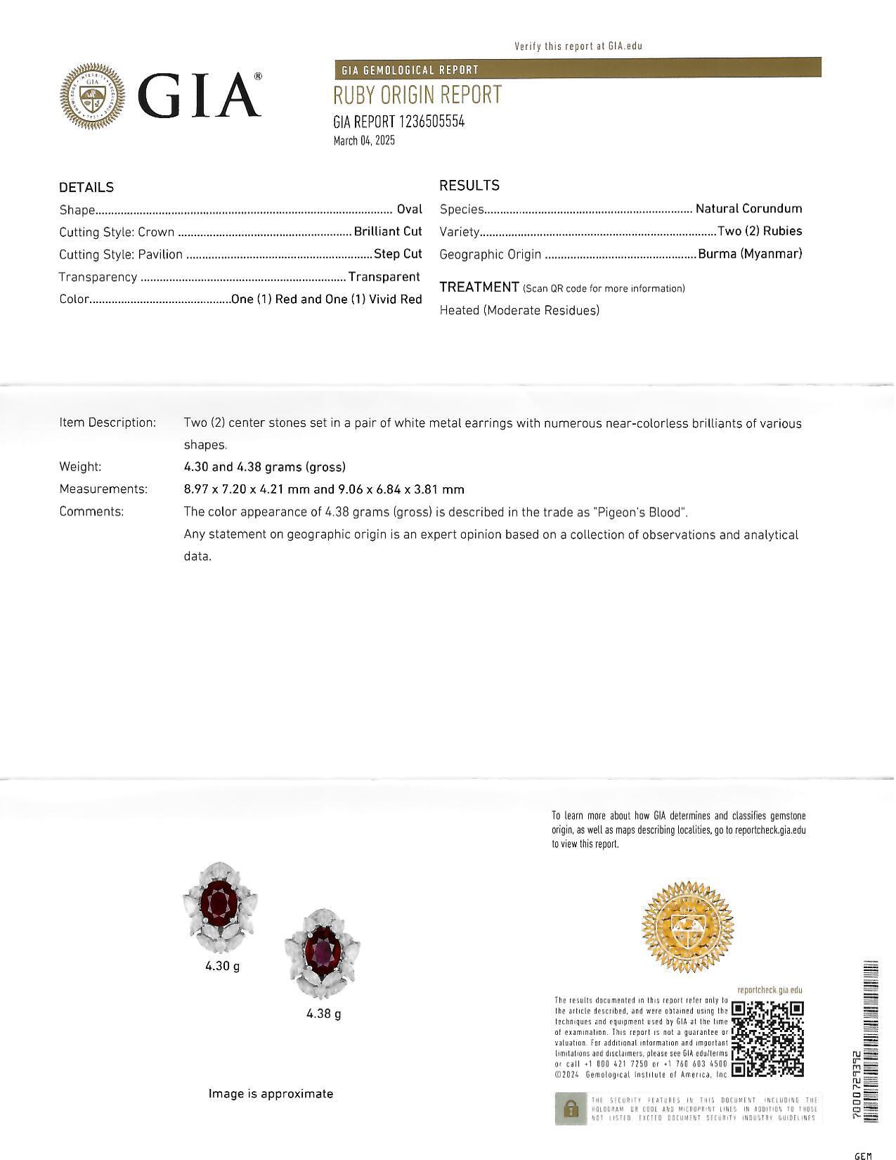 7.14 CTW Burma Pigeon's Ruby Diamond 18 Karat Gold Floral Cluster Earrings GIA For Sale 6