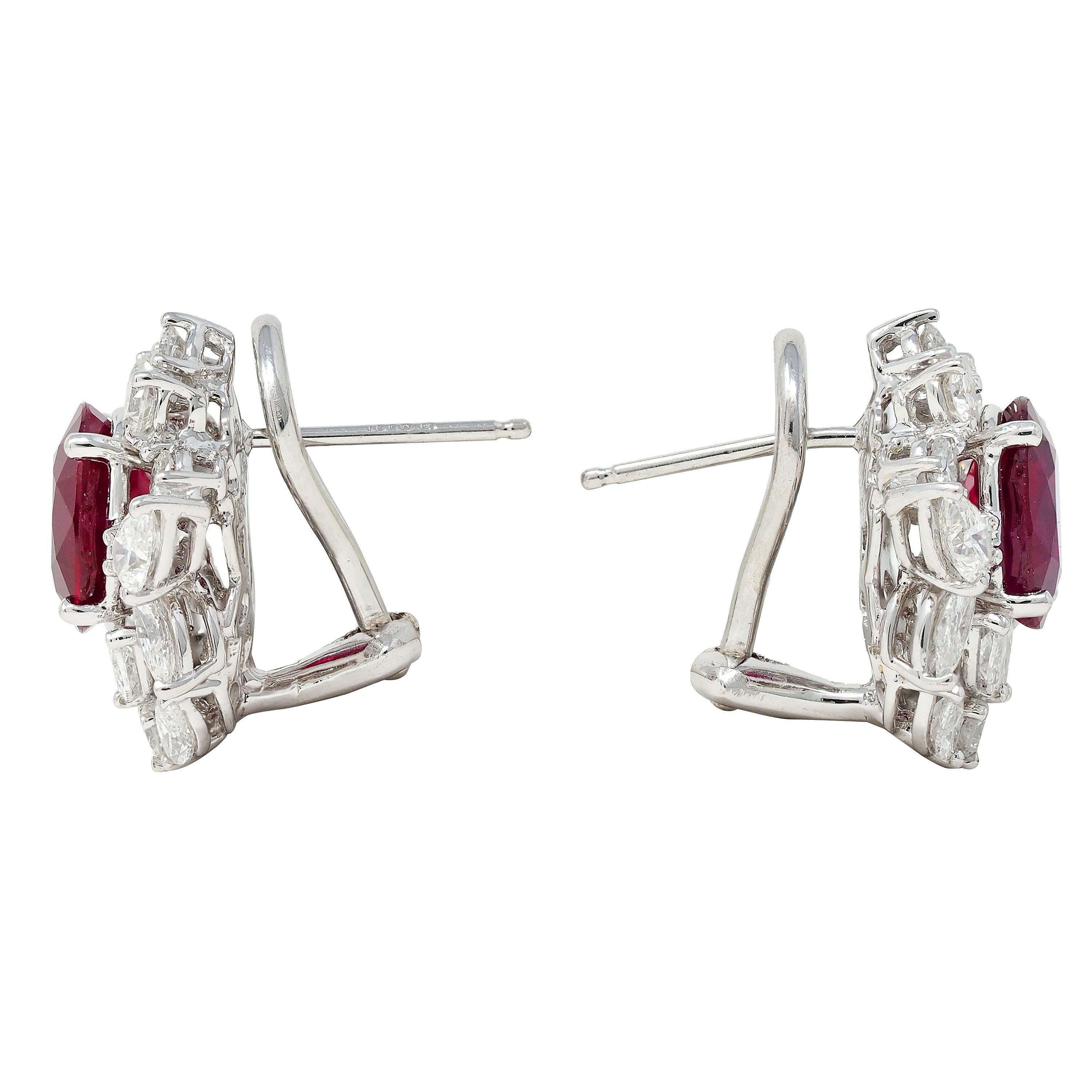 Oval Cut 7.14 CTW Burma Pigeon's Ruby Diamond 18 Karat Gold Floral Cluster Earrings GIA For Sale