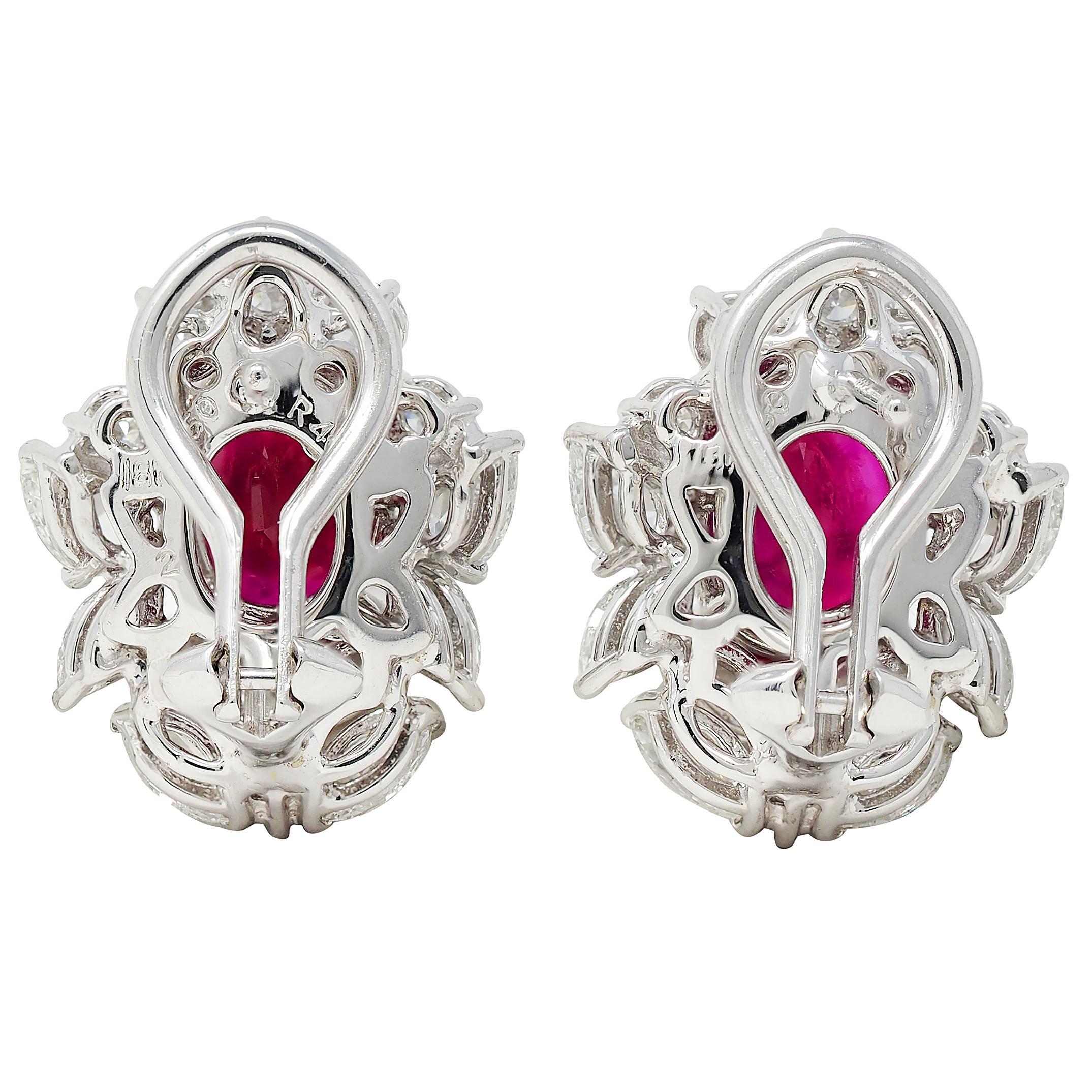 7.14 CTW Burma Pigeon's Ruby Diamond 18 Karat Gold Floral Cluster Earrings GIA In Excellent Condition For Sale In Philadelphia, PA