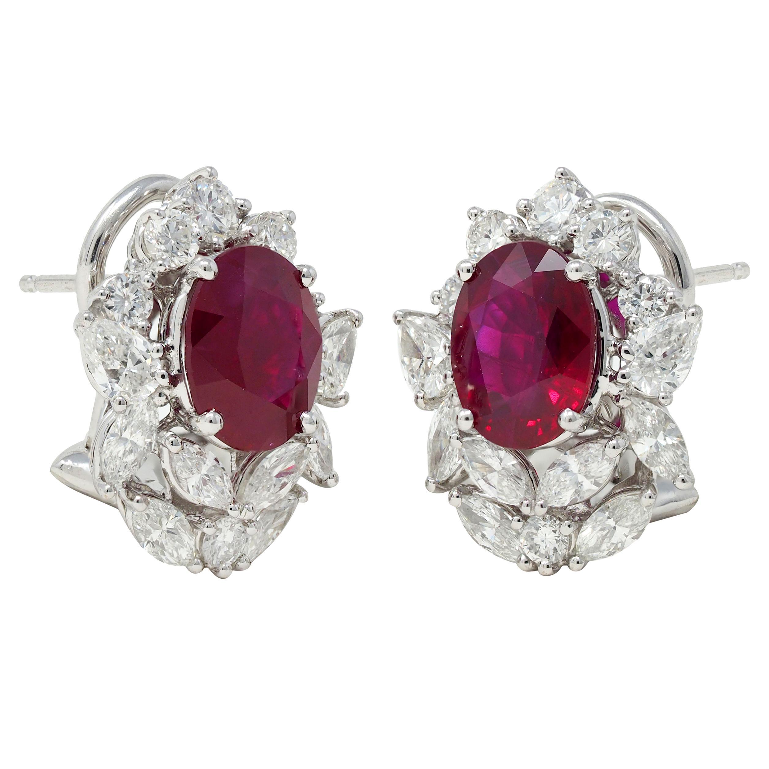Women's or Men's 7.14 CTW Burma Pigeon's Ruby Diamond 18 Karat Gold Floral Cluster Earrings GIA For Sale