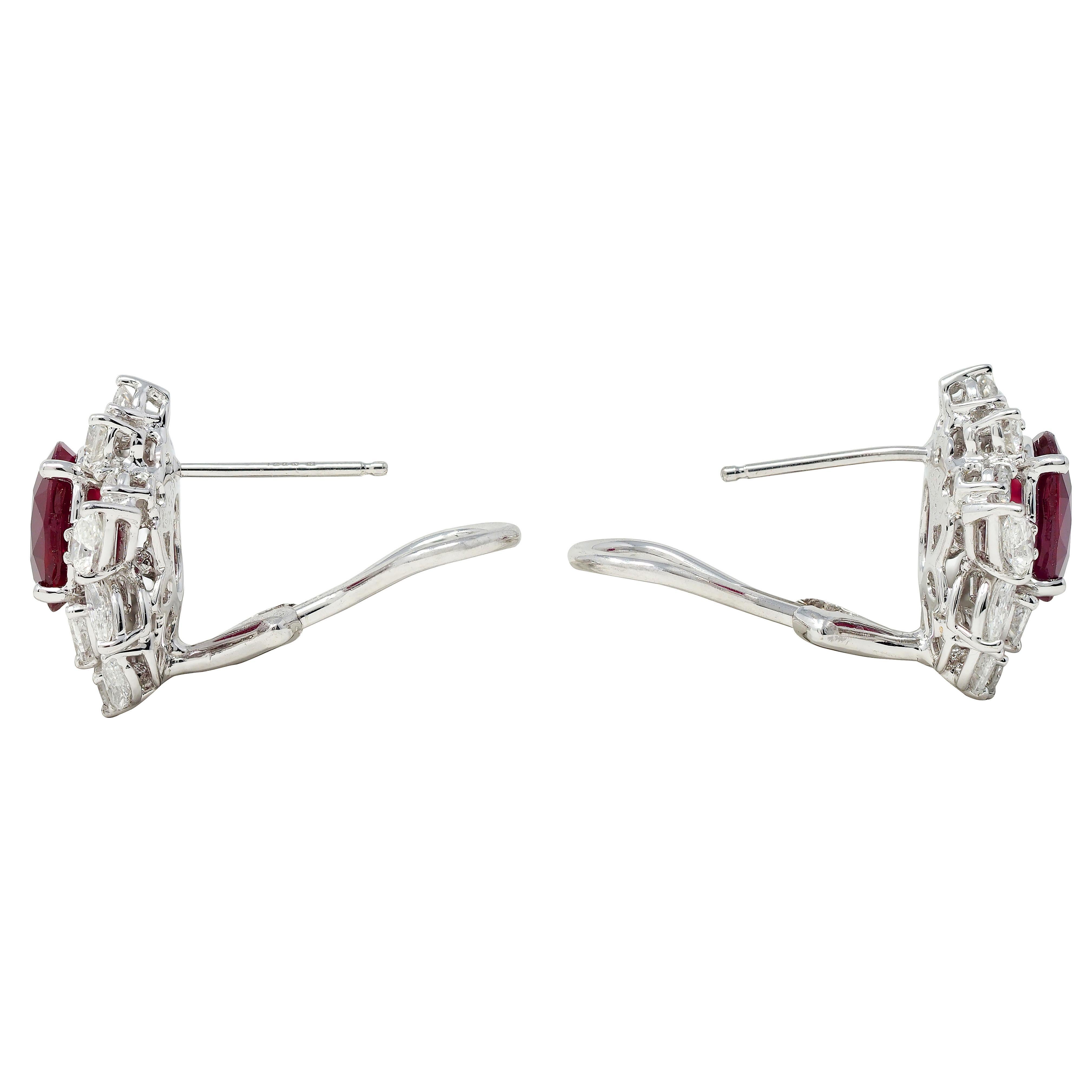 7.14 CTW Burma Pigeon's Ruby Diamond 18 Karat Gold Floral Cluster Earrings GIA For Sale 1