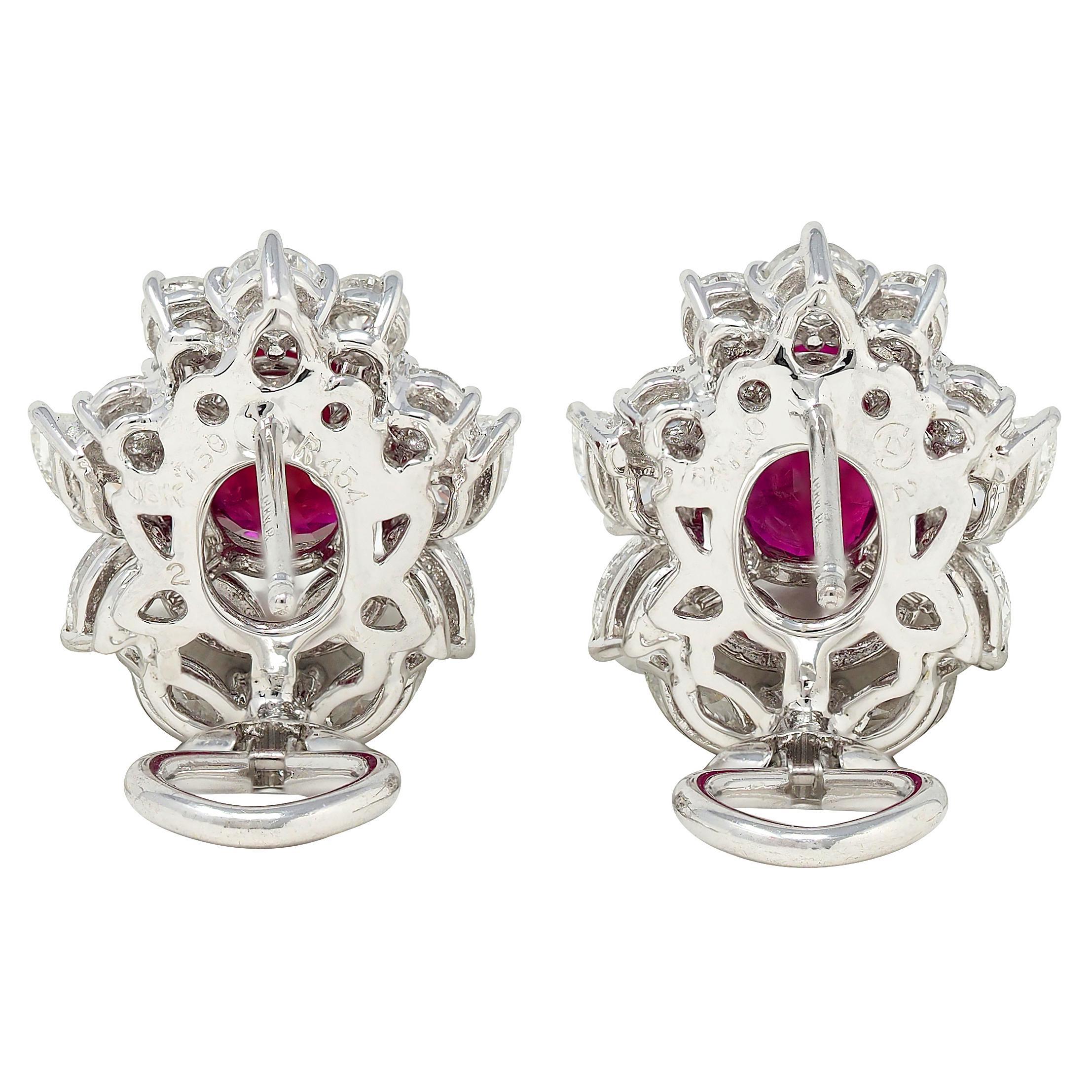7.14 CTW Burma Pigeon's Ruby Diamond 18 Karat Gold Floral Cluster Earrings GIA For Sale 2