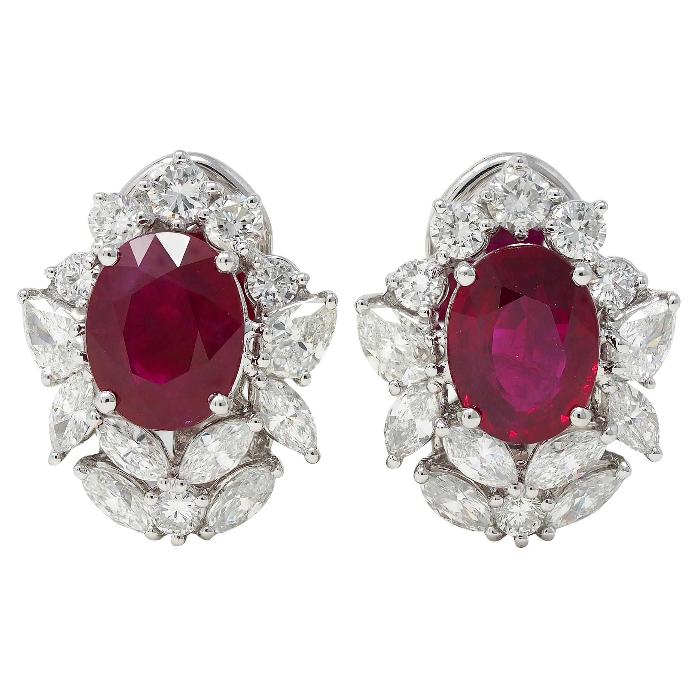 7.14 CTW Burma Pigeon's Ruby Diamond 18 Karat Gold Floral Cluster Earrings GIA For Sale