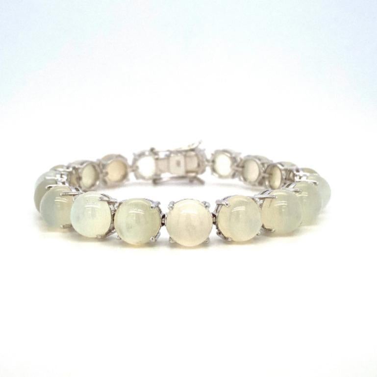 Contemporary 71.45 Carat Round Cabochon Cut Moonstone Tennis Bracelet .925 Sterling Silver For Sale