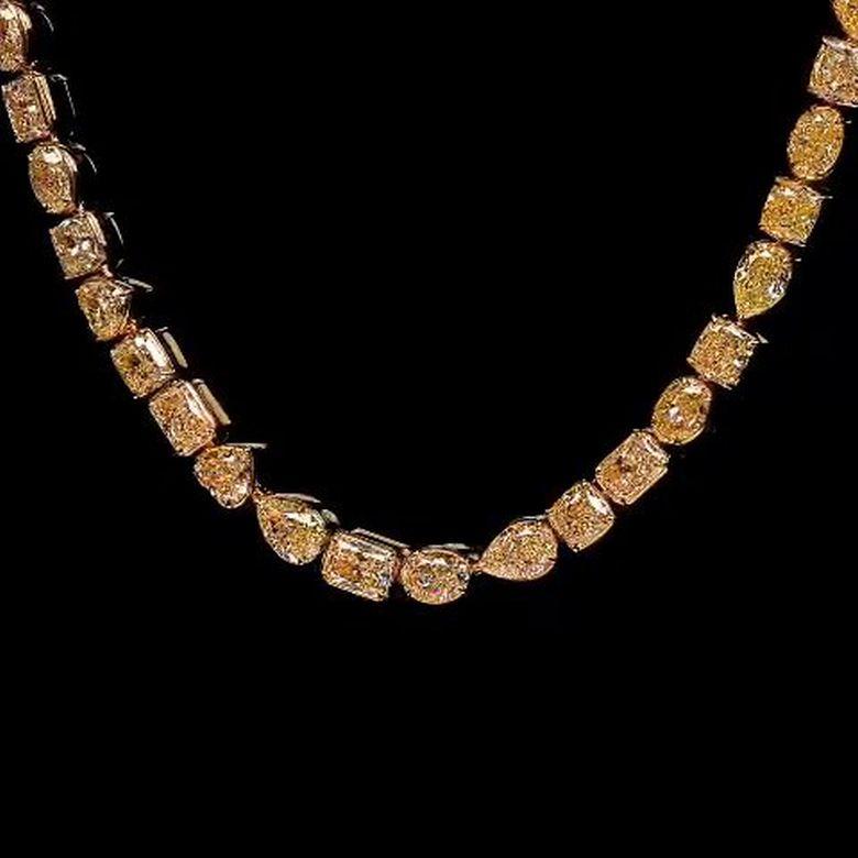 Contemporary 71.47 Carat Multi Shape Natural Fancy Yellow Diamond Tennis Necklace, EGL Cert. For Sale