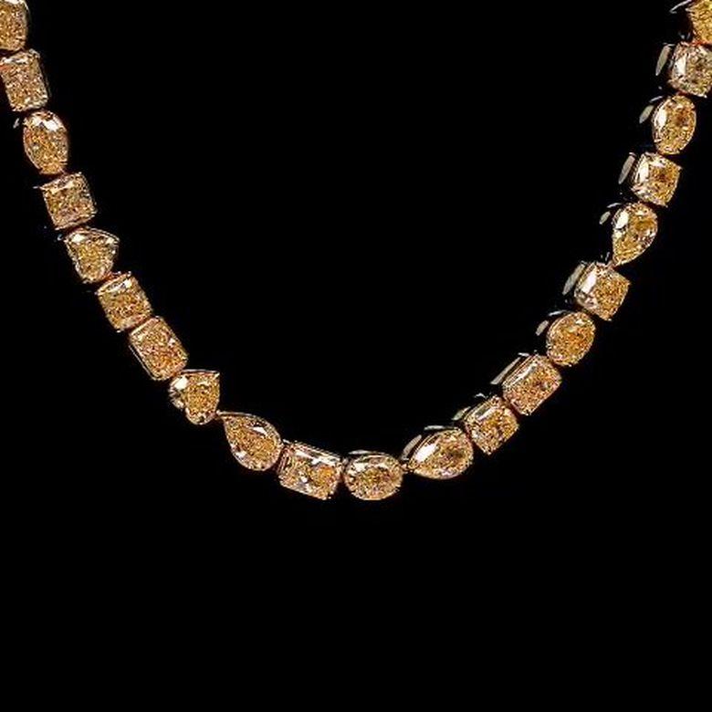 Brilliant Cut 71.47 Carat Multi Shape Natural Fancy Yellow Diamond Tennis Necklace, EGL Cert. For Sale