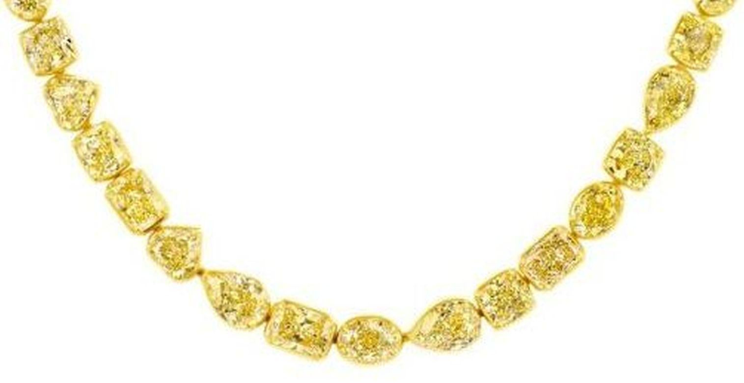 Women's or Men's 71.47 Carat Multi Shape Natural Fancy Yellow Diamond Tennis Necklace, EGL Cert. For Sale