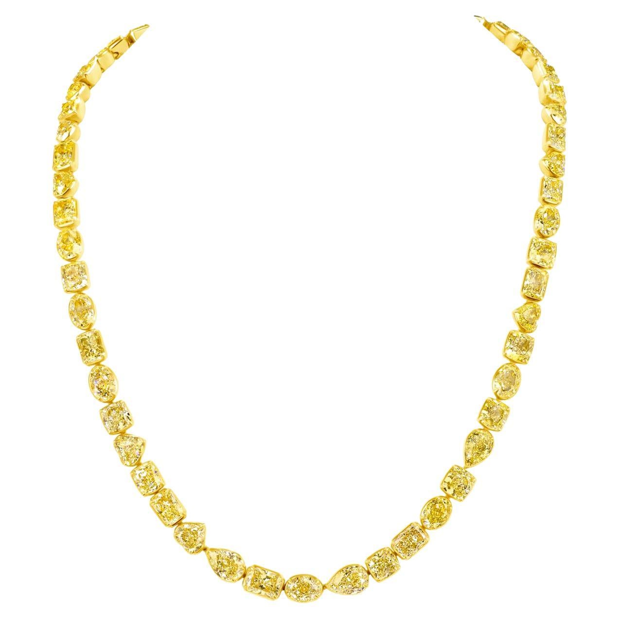 71.47 Carat Multi Shape Natural Fancy Yellow Diamond Tennis Necklace, EGL Cert. For Sale