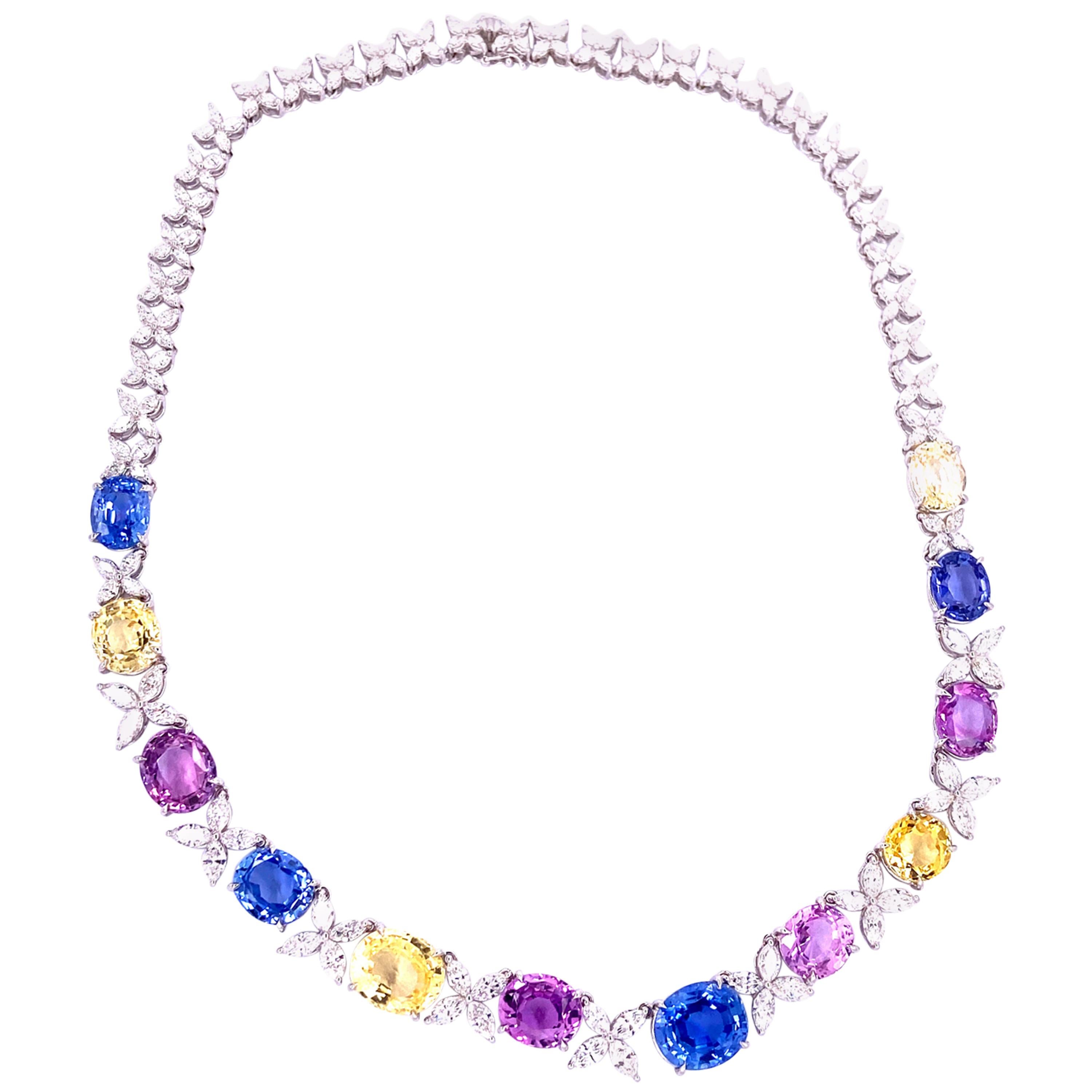 71.49 Carat GIA Certified Unheated Sapphire and White Diamond Gold Necklace