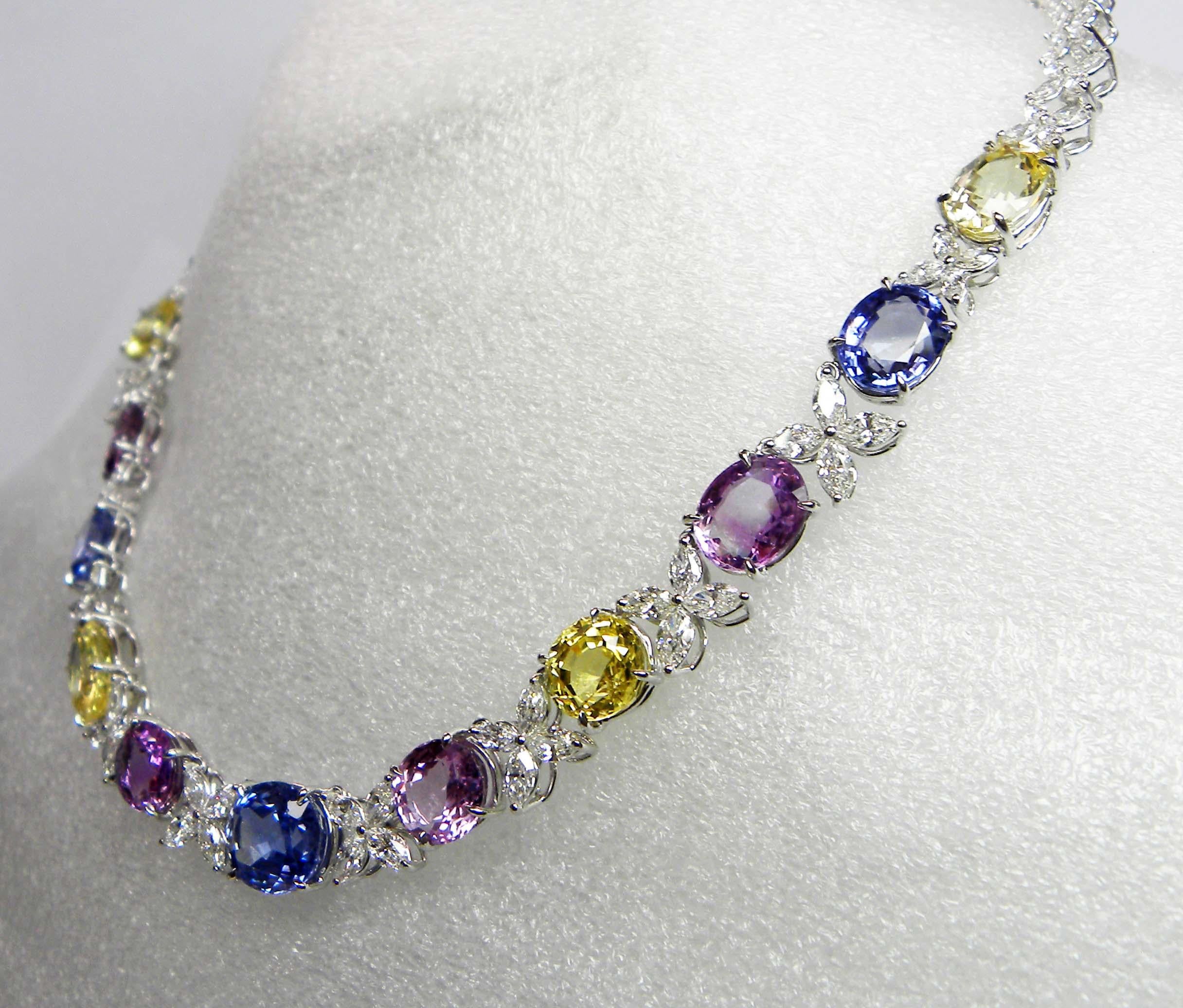 71.49 Carat GIA Certified Unheated Sapphire and White Diamond Gold Necklace For Sale 8