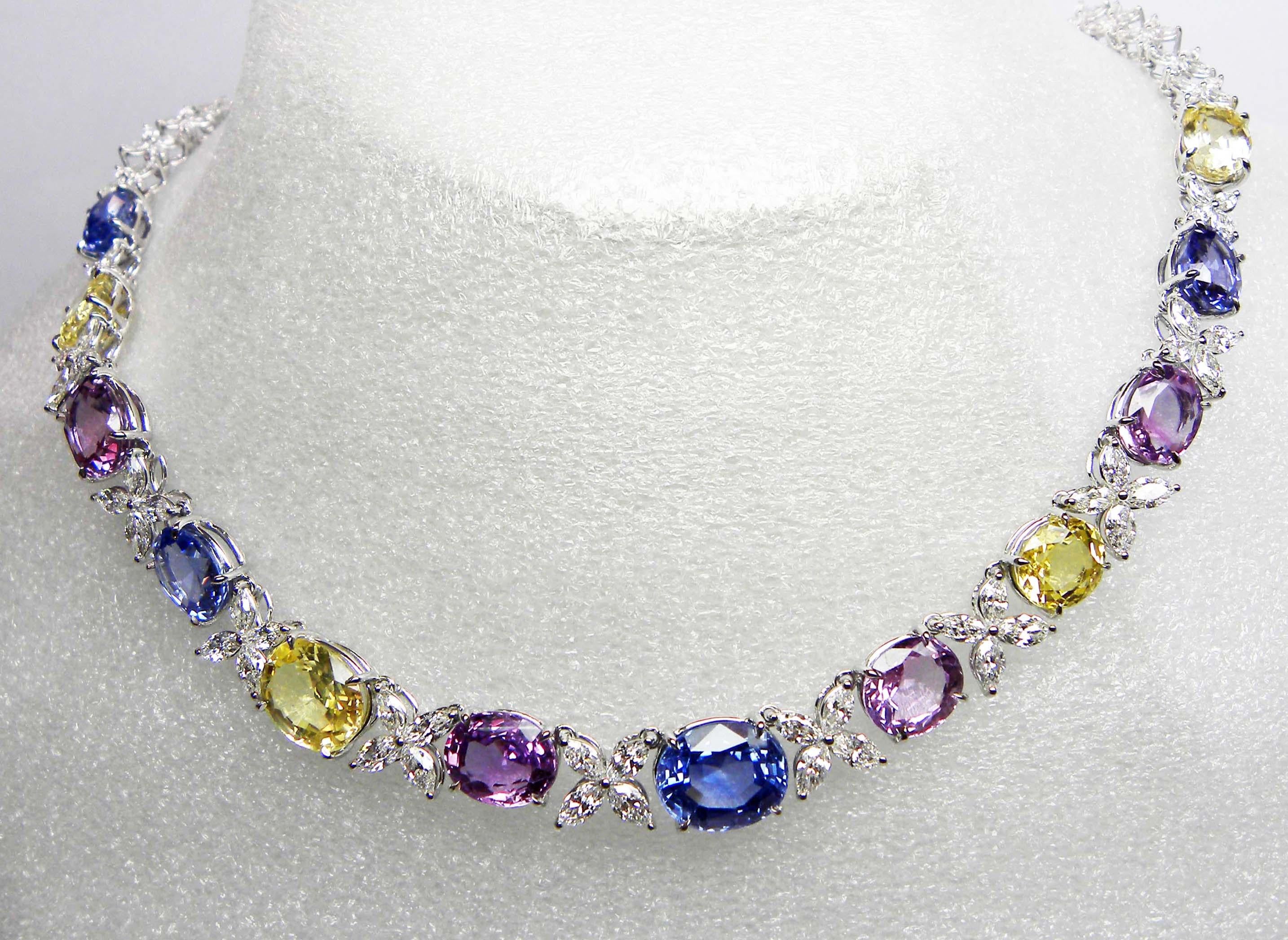71.49 Carat GIA Certified Unheated Sapphire and White Diamond Gold Necklace For Sale 9