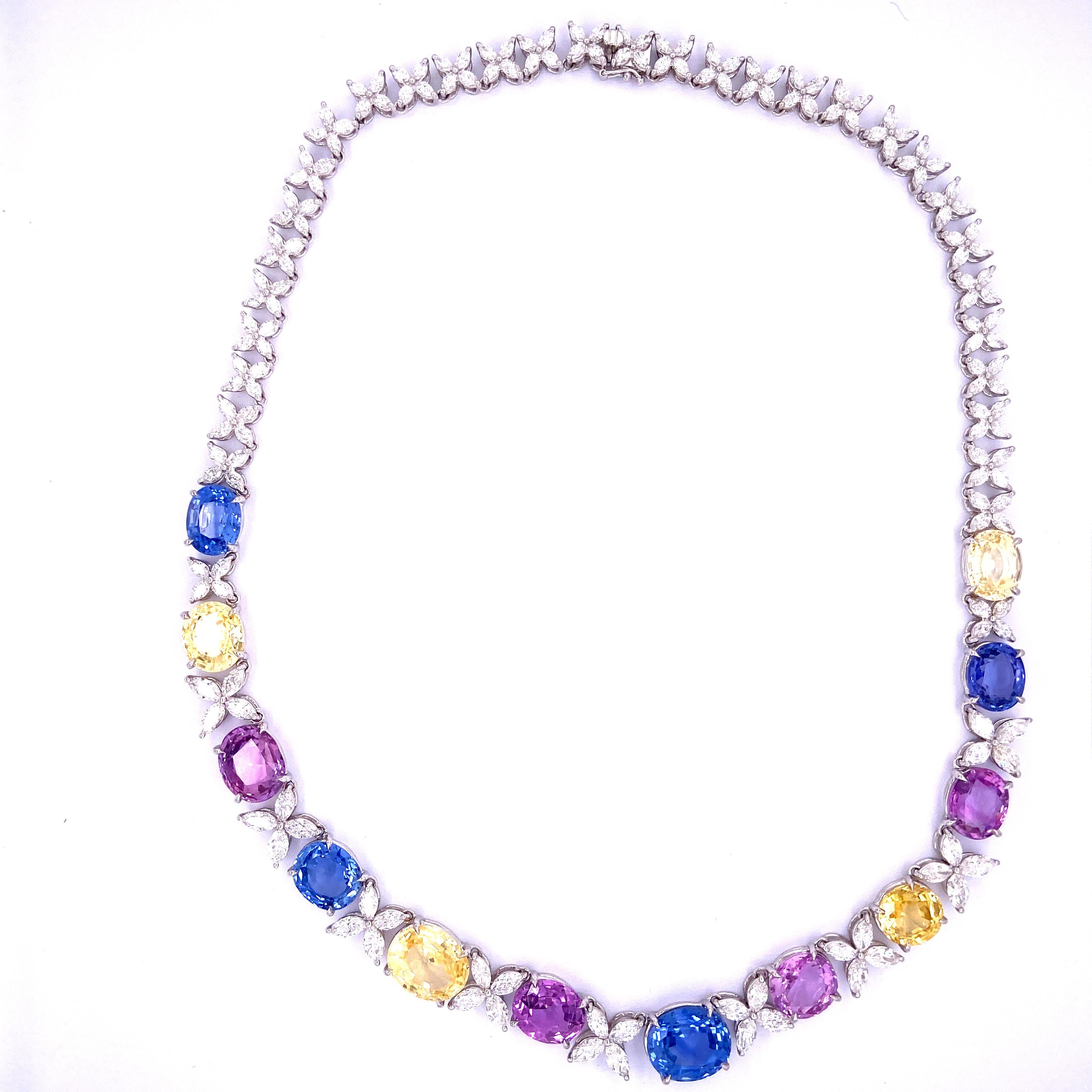 Contemporary 71.49 Carat GIA Certified Unheated Sapphire and White Diamond Gold Necklace For Sale
