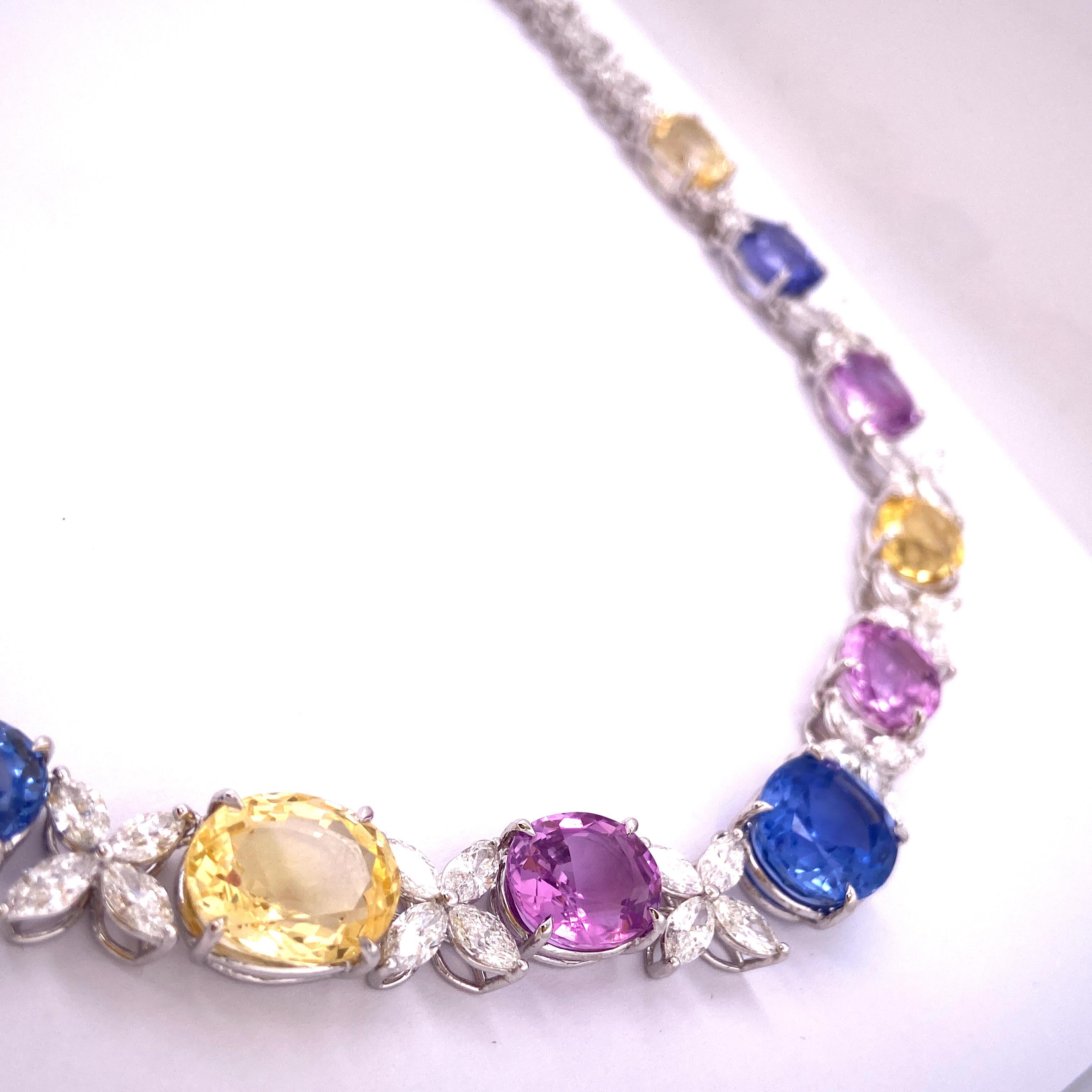 71.49 Carat GIA Certified Unheated Sapphire and White Diamond Gold Necklace For Sale 3