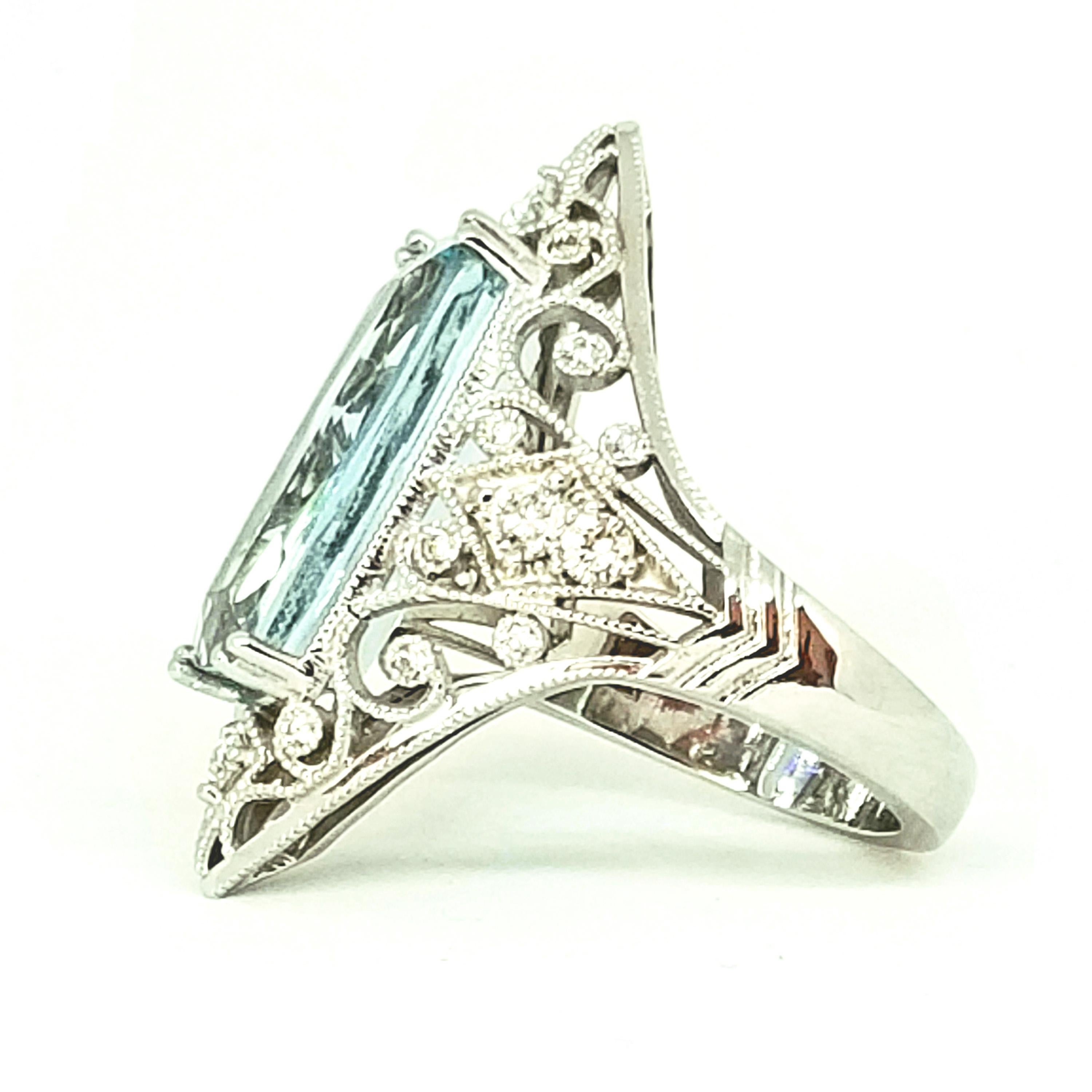 Contemporary 7.15 Carat Edwardian Cut Brazilian Aquamarine Diamond Filigree Cocktail Ring