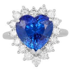 7.15 Carat Heart Shape Tanzanite 1.29 ct White Diamond Halo Ring 18K White Gold