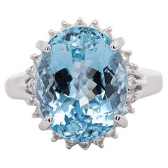 7.15 Carat Oval Aquamarine & Diamond Floral Filigree Platinum Ring