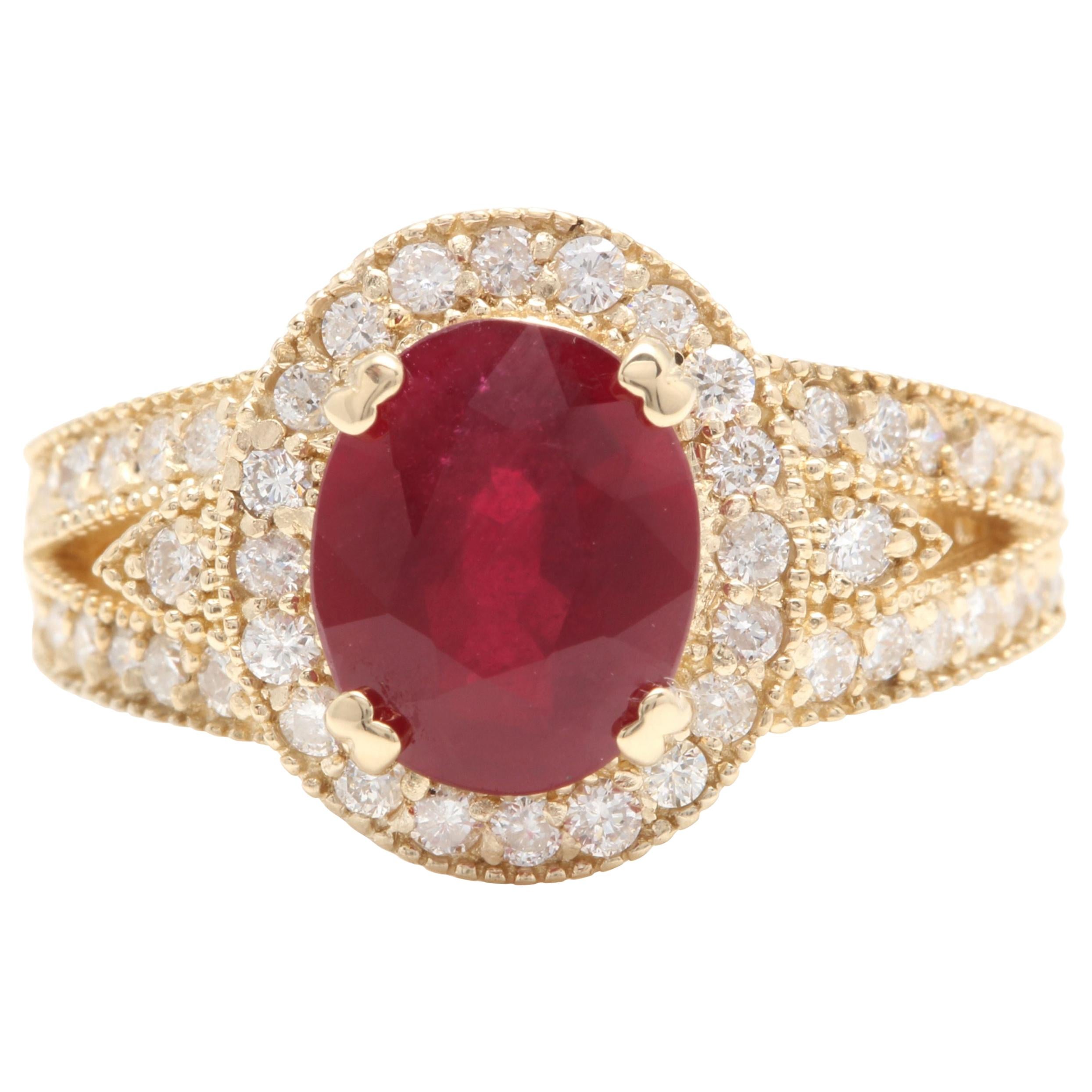 7.15 Carat Red Ruby and Natural Diamond 14 Karat Solid Yellow Gold Ring For Sale