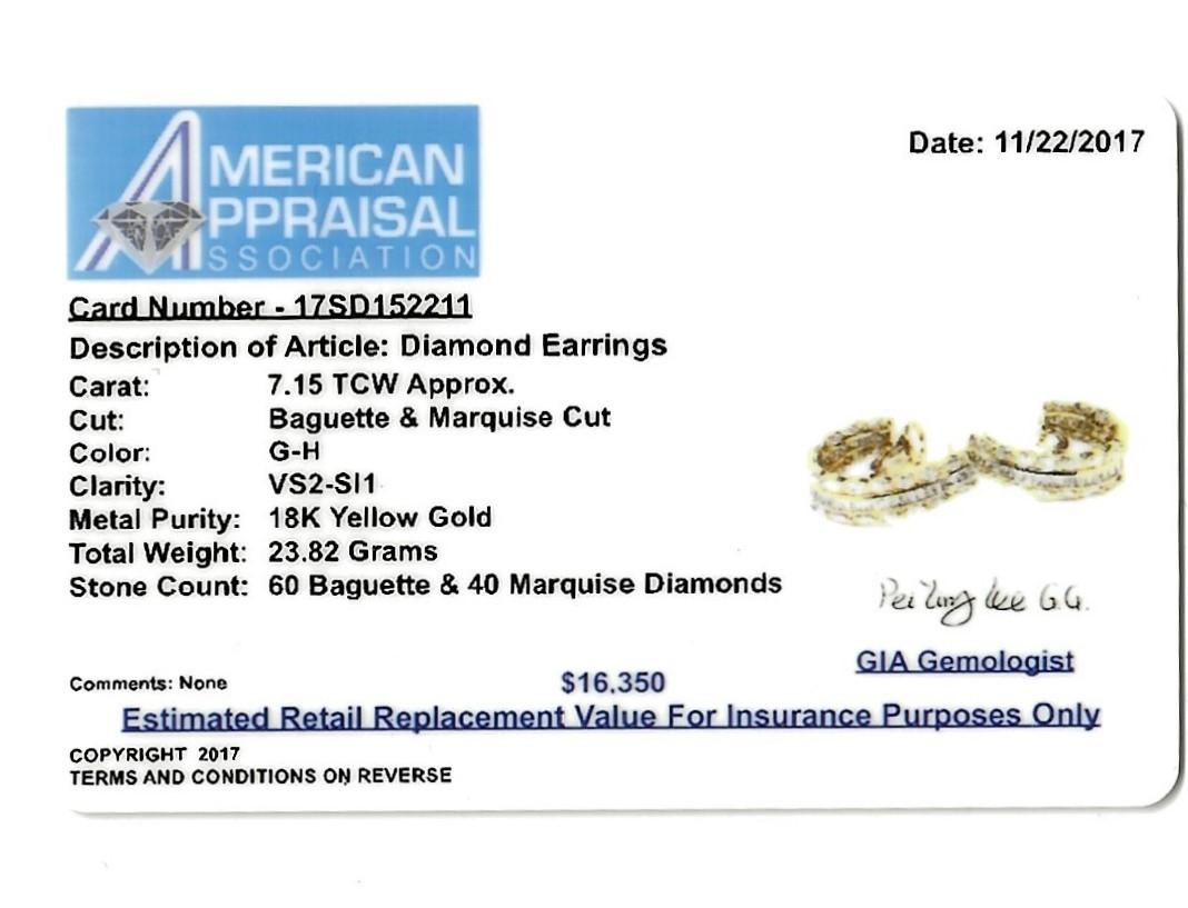  7.15 Carat Total Marquis and Baguette Pave Diamond Half Hoop Gold Earrings For Sale 3
