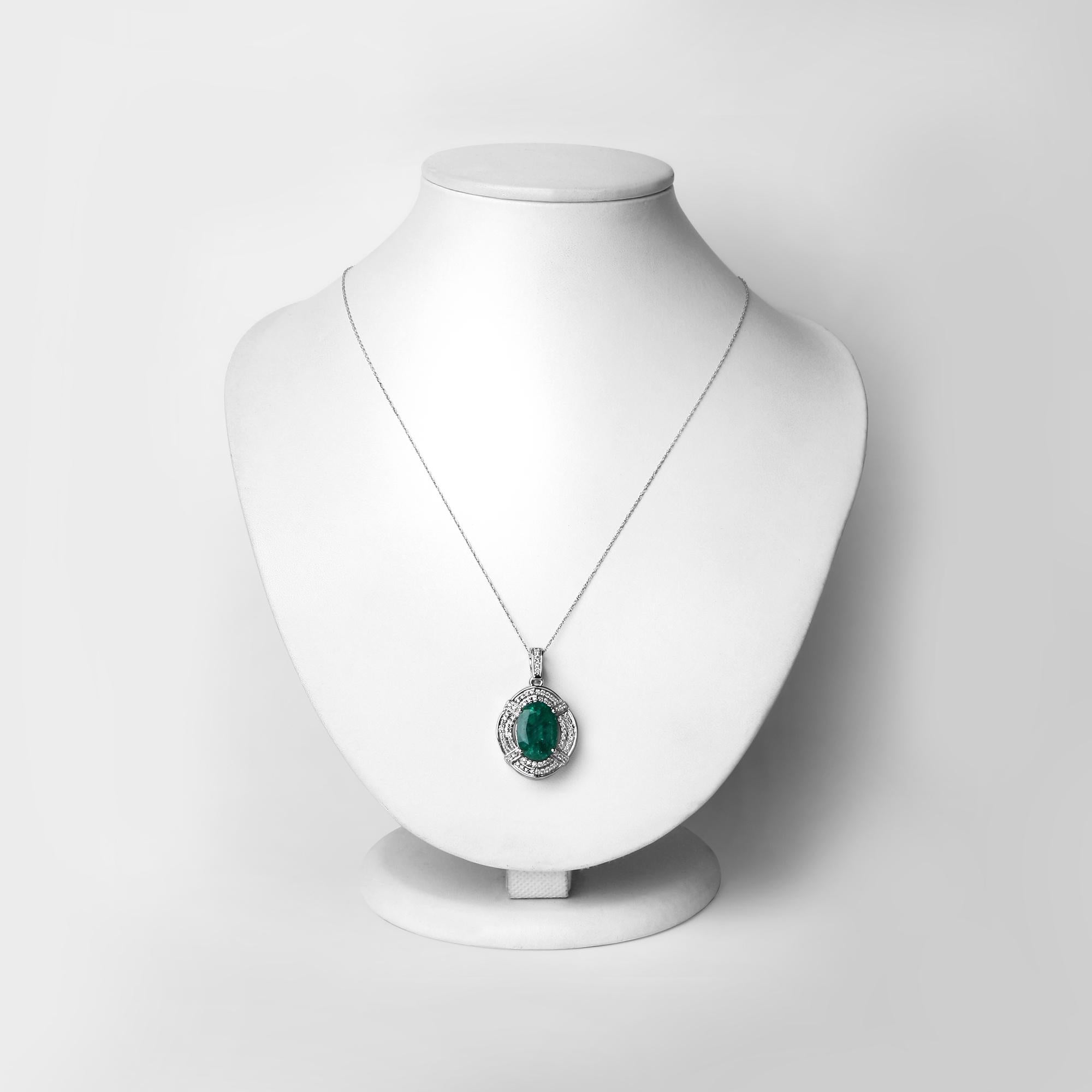 Oval Cut 7.15 Carat Zambian Emerald and White Diamond 18 Karat White Gold Pendant For Sale