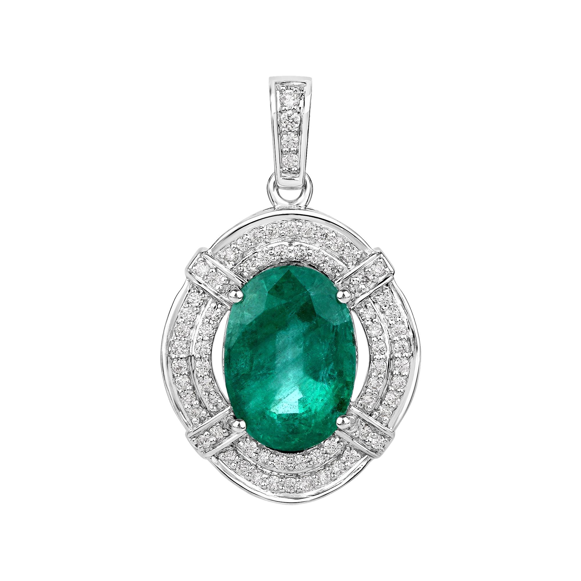7.15 Carat Zambian Emerald and White Diamond 18 Karat White Gold Pendant For Sale