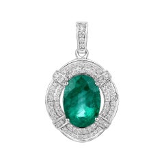 7.15 Carat Zambian Emerald and White Diamond 18 Karat White Gold Pendant