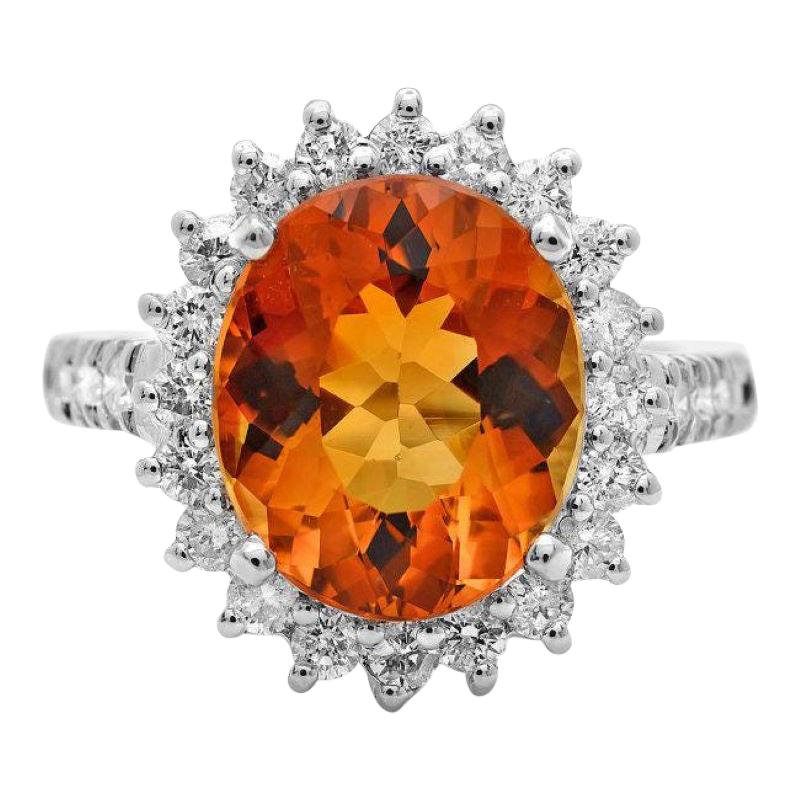 7.15 Carats Natural Citrine and Diamond 14K Solid White Gold Ring