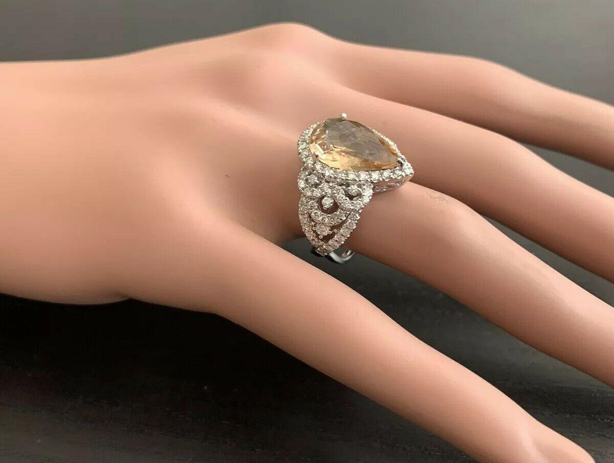Women's 7.15 Carat Natural Impressive Yellow Topaz and Diamond 14 Karat White Gold Ring For Sale