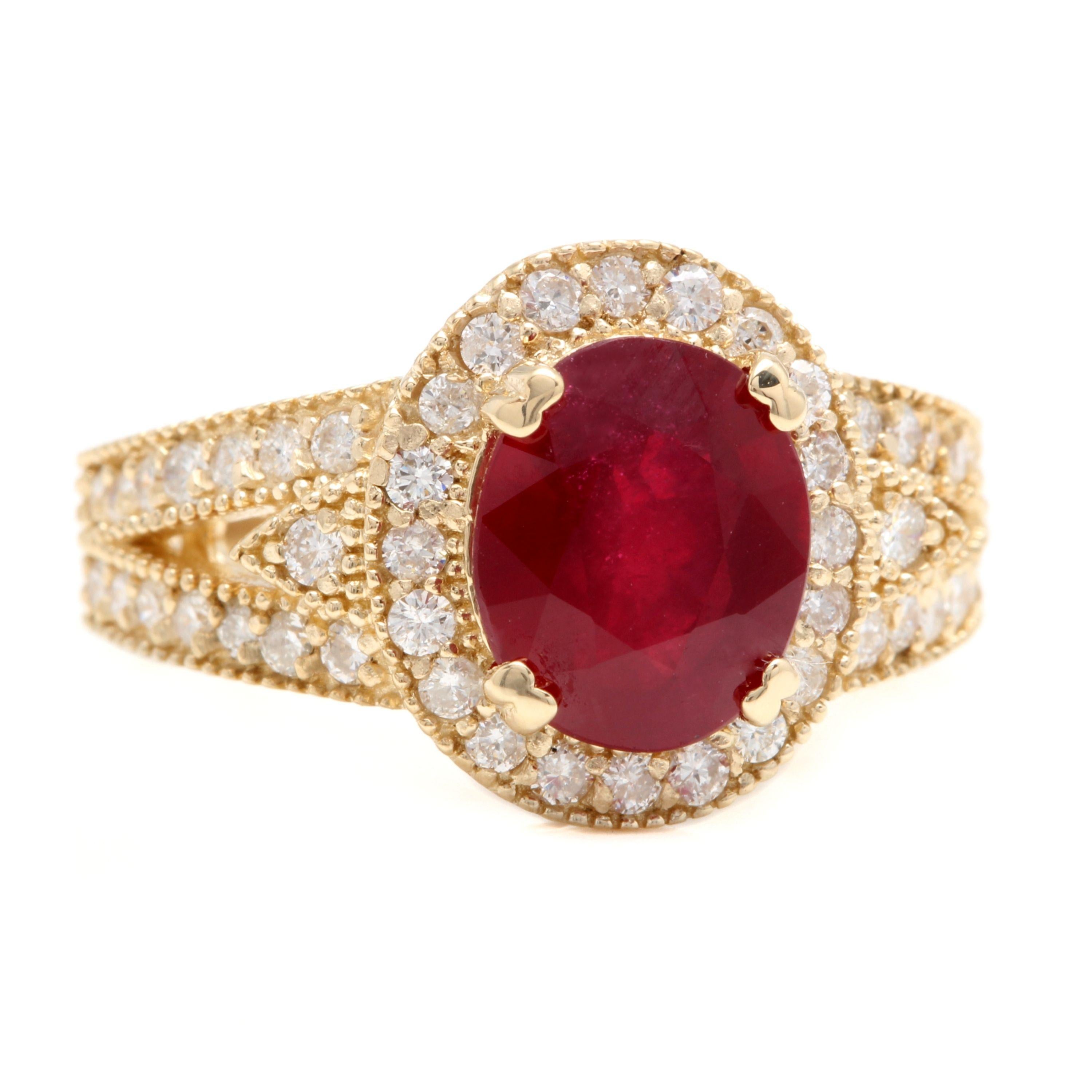 7.15 Carats Impressive Red Ruby and Natural Diamond 14K Yellow Gold Ring

Total Red Ruby Weight is Approx. 6.00 Carats

Ruby Treatment: Lead Glass Filling

Ruby Measures: Approx. 11.00 x 9.00mm

Natural Round Diamonds Weight: Approx. 1.15 Carats