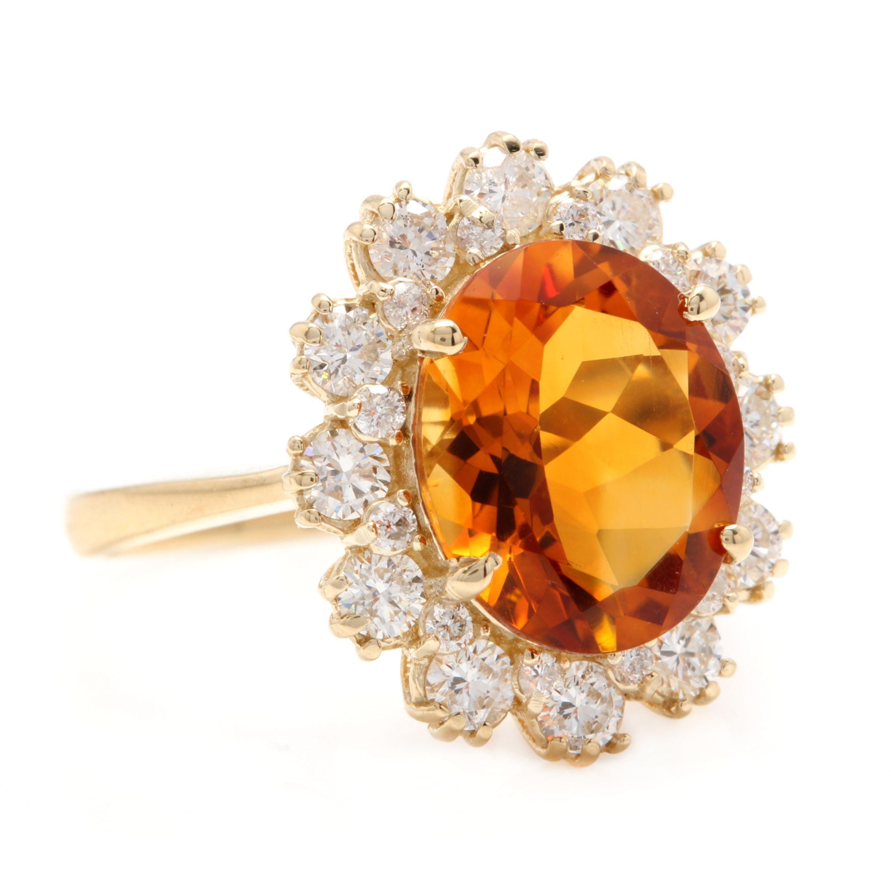 7.15 Carats Exquisite Natural Madeira Citrine and Diamond 14K Solid Yellow Gold Ring

Total Natural Citrine Weights: 6.00 Carats

Citrine Measures: 12 x 10mm

Natural Round Diamonds Weight: 1.15 Carats (color G-H / Clarity Si1-SI2)

Ring size: 7 (we