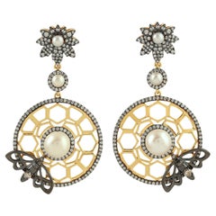 Boucles d'oreilles pendantes 7.15 ct perles en forme de cercle avec diamants en or jaune 18k