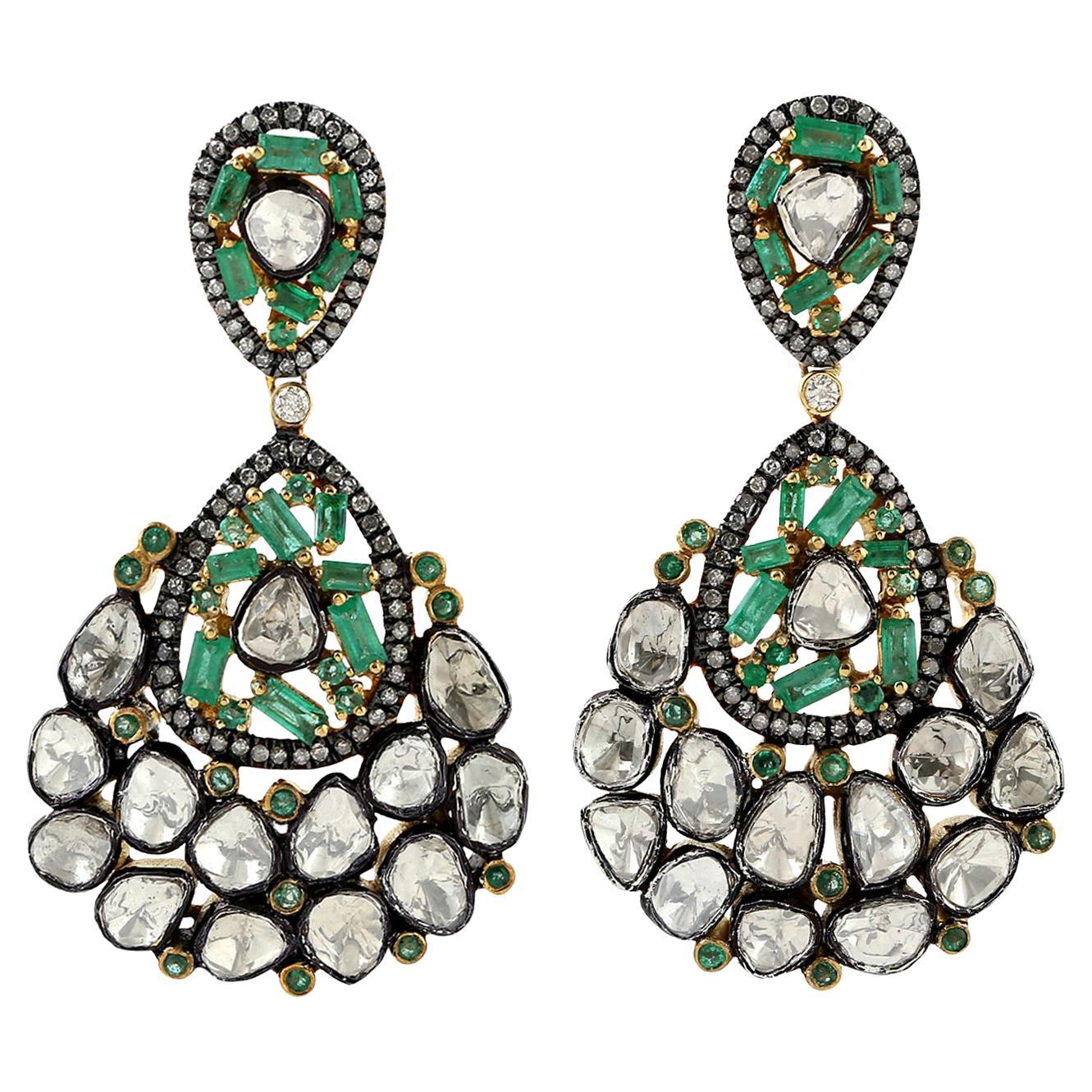 7.15 Ct Rose Cut Diamond Dangle Earring With Emerald In 18k Yellow Gold & Silver