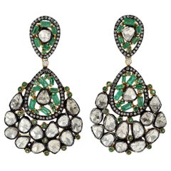 7.15 Ct Rose Cut Diamond Dangle Earring With Emerald In 18k Yellow Gold & Silver