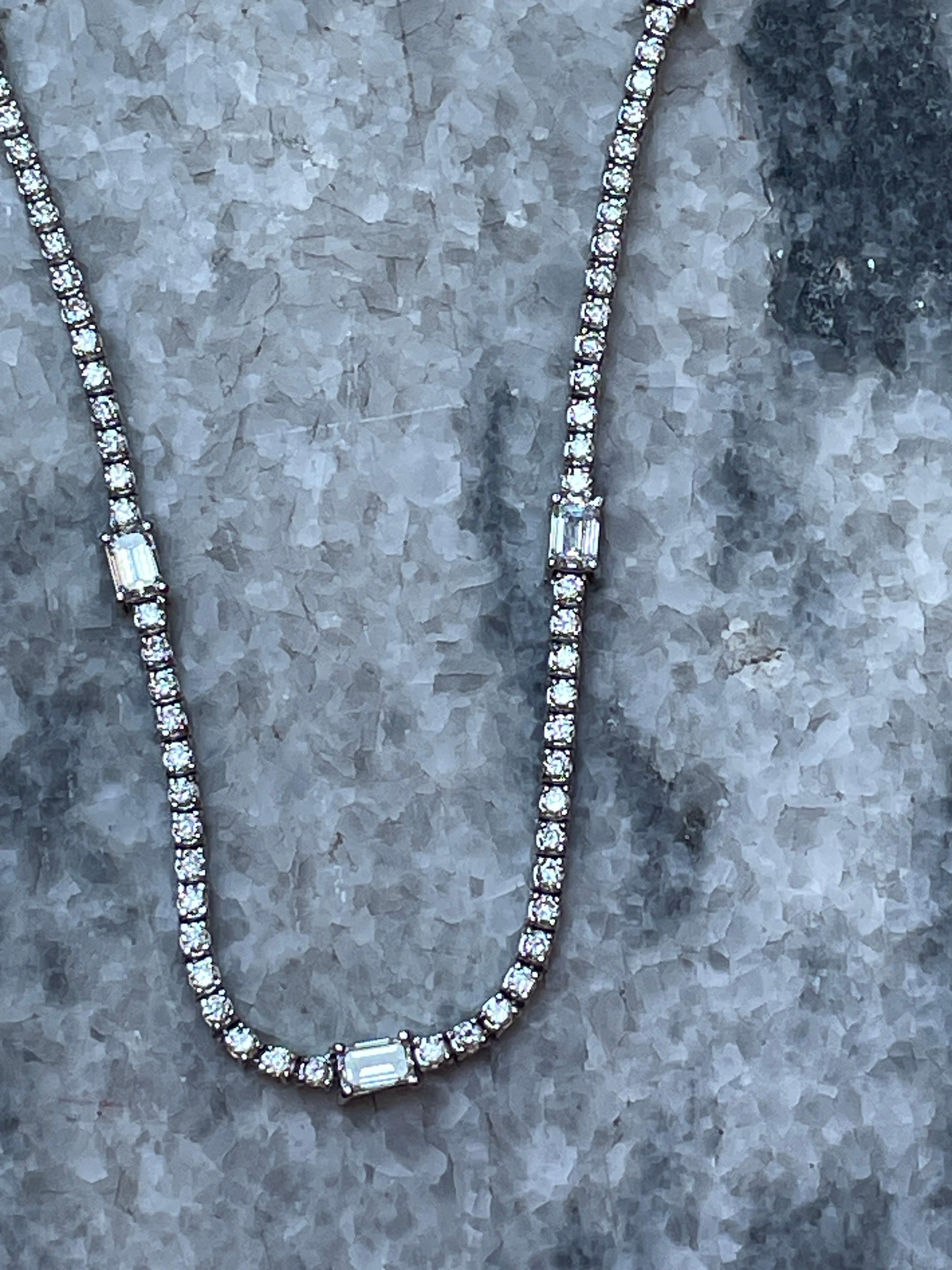 7.15ct Estate Vintage Round & Emerald cut Diamond Tennis Necklace in 14KW Gold 8