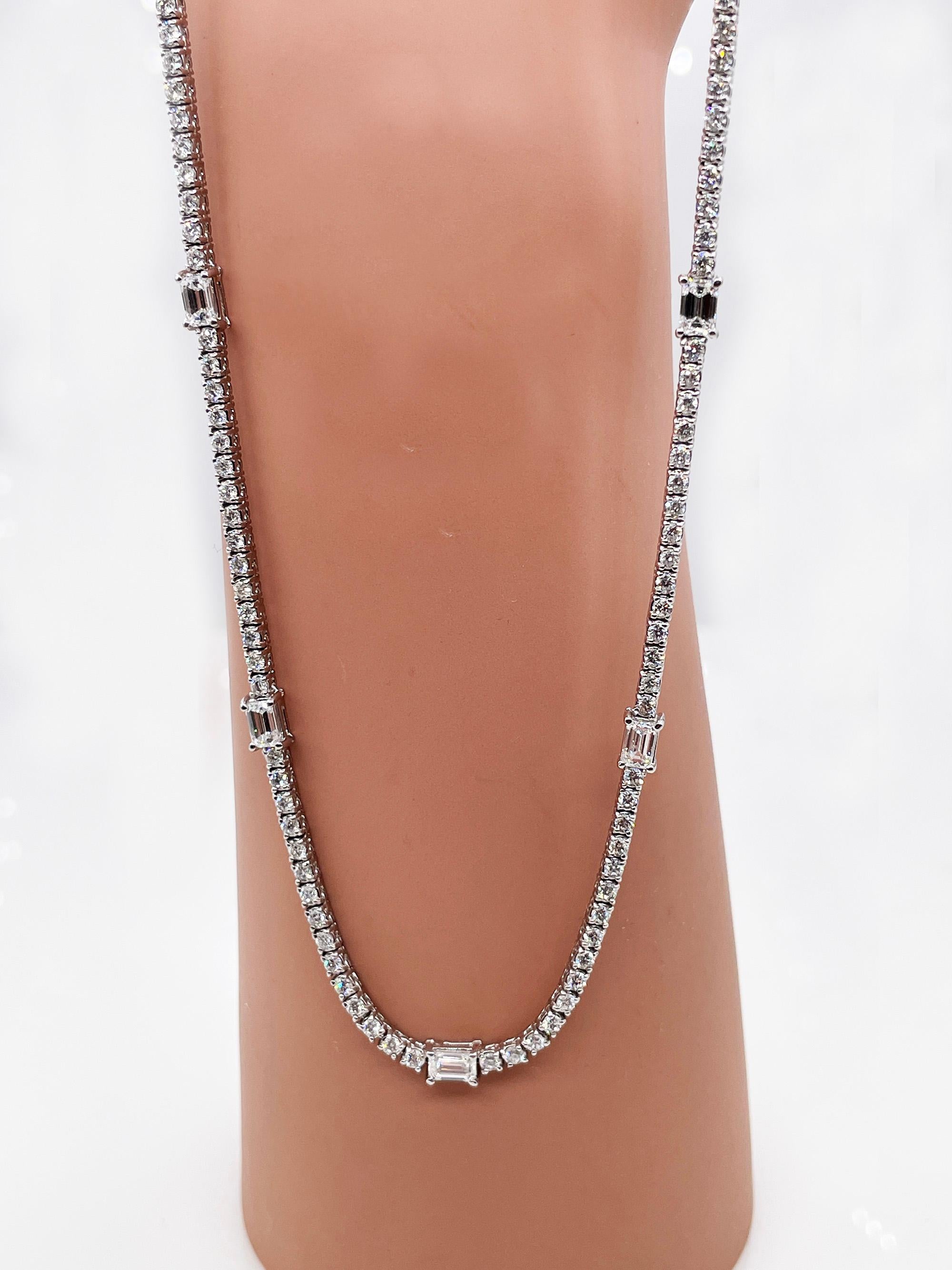 An Amazing and very Rare Estate Diamond Handmade 14k White gold (stamped) Tennis Necklace with over 166 Round Brilliant Diamonds in G color, VS-SI clarity overall; estimated total weight of the diamonds is 5.48ctw and 5 Emerald cut diamonds in G