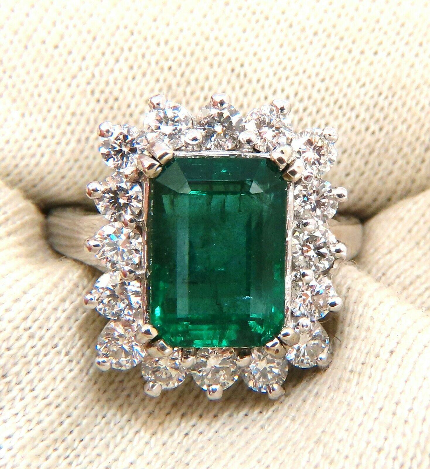 Emerald Cut 7.15 Carat Natural Emerald Diamonds Cluster Halo Ring 14 Karat For Sale