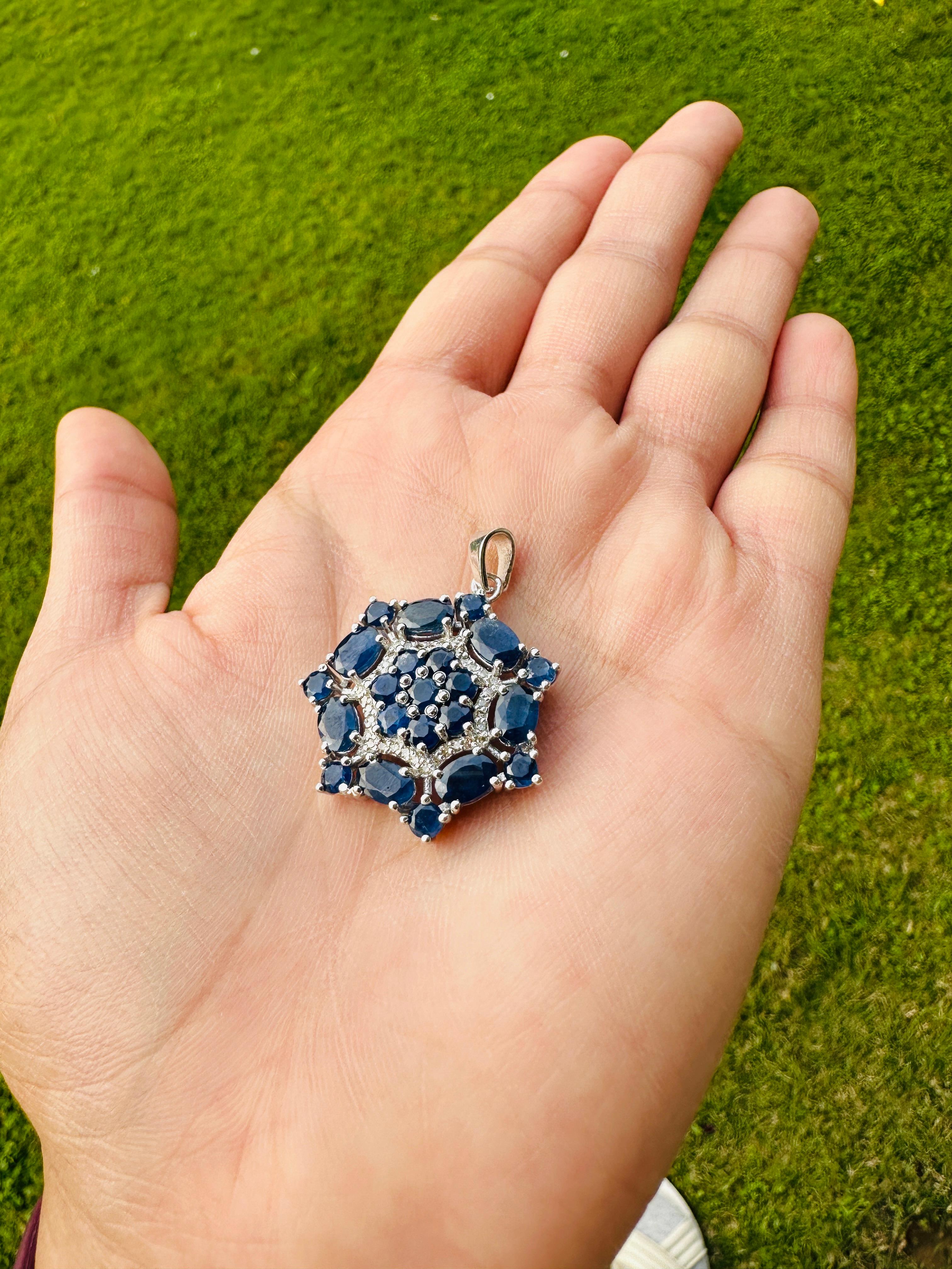This 7.15 Cts Natural Blue Sapphire Cluster Flower Pendant is meticulously crafted from the finest materials and adorned with stunning blue sapphire which helps in relieving stress, anxiety and depression.
This delicate to statement pendants, suits