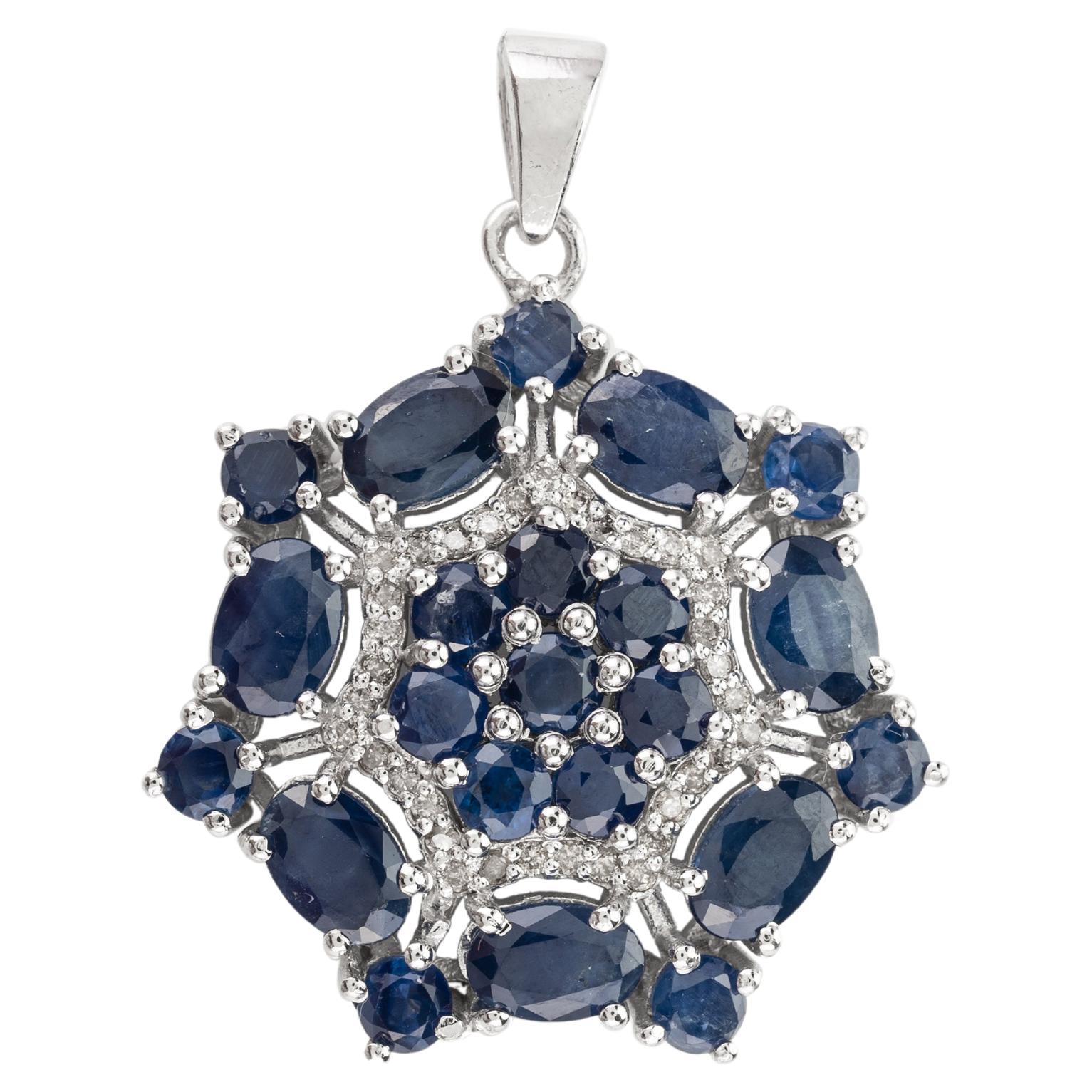 7.15 Cts Natural Blue Sapphire Cluster Flower Pendant in .925 Sterling Silver