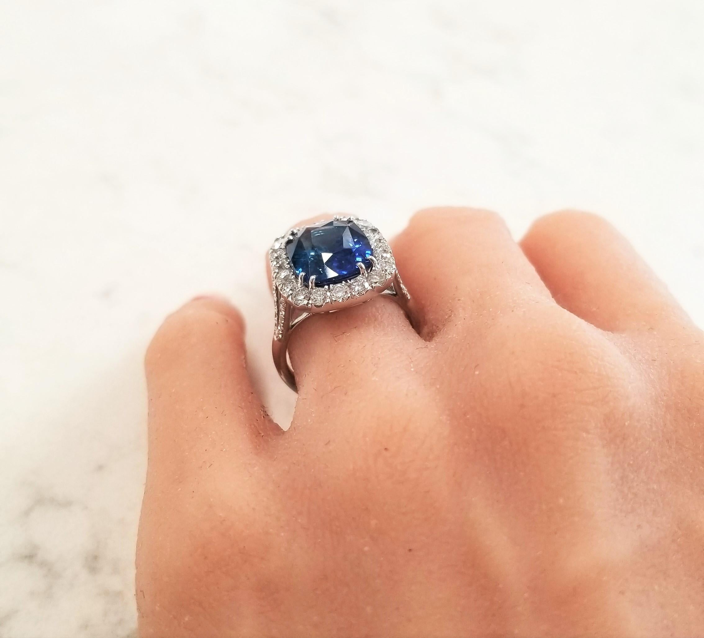 Women's AGL Certified 7.16 Carat Cushion Cut Blue Sapphire & Diamond 18K Ring