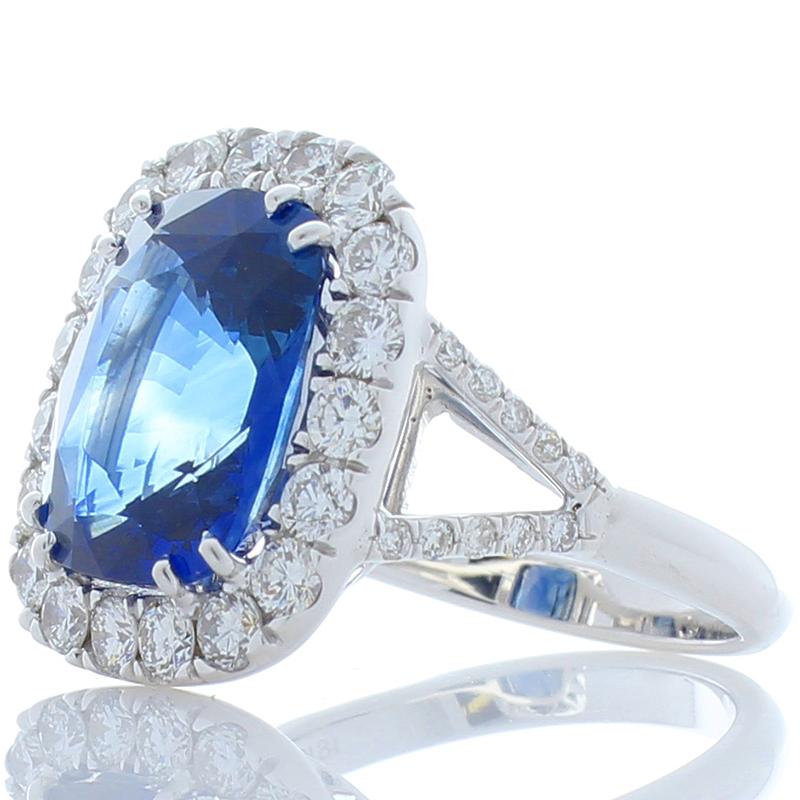 Contemporary AGL Certified 7.16 Carat Cushion Cut Blue Sapphire & Diamond 18K Ring
