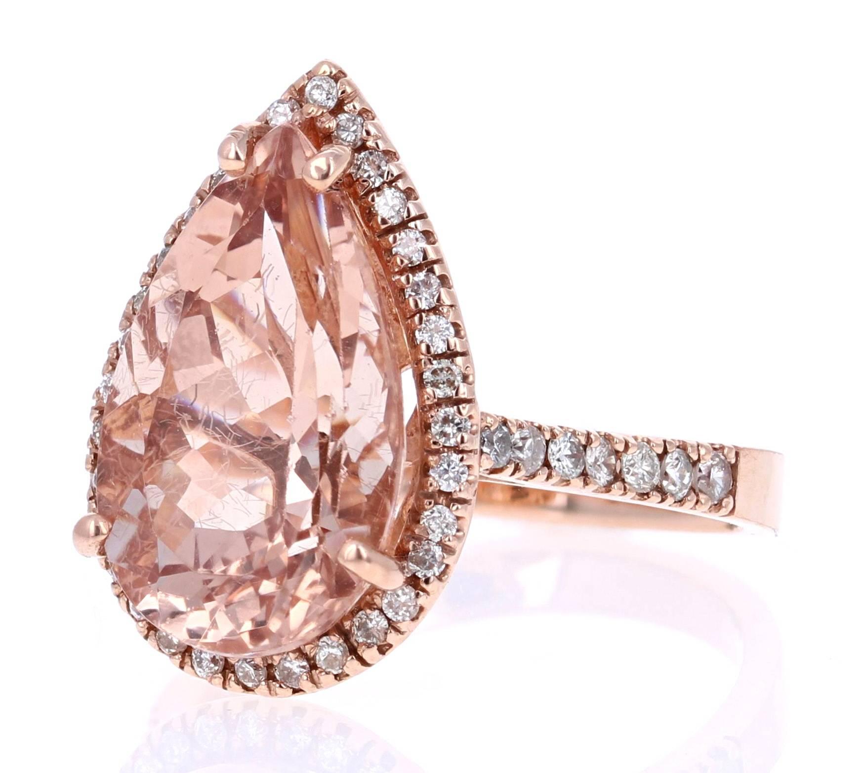 Modern 7.16 Carat Pear Cut Morganite Diamond Rose Gold Engagement Ring