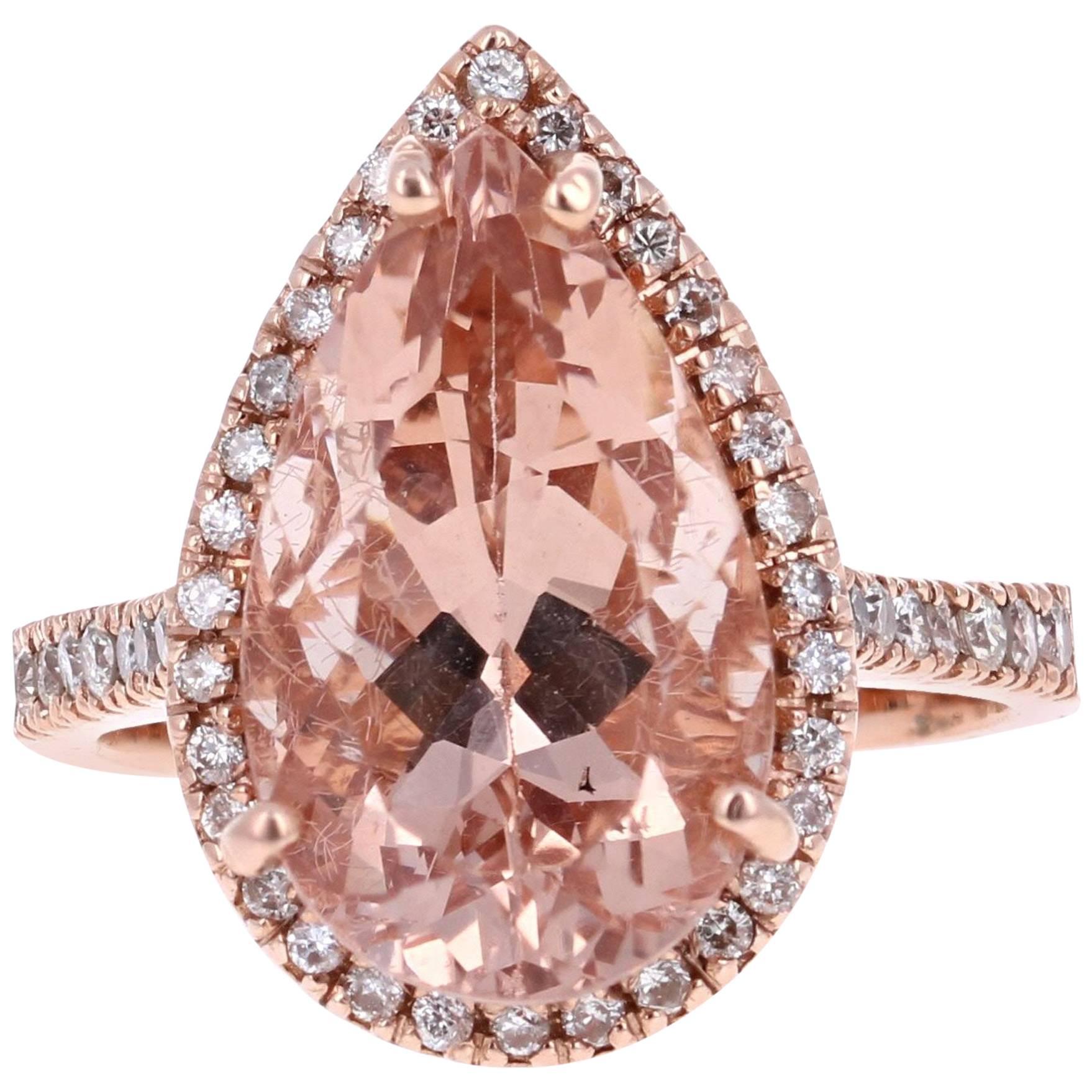 7.16 Carat Pear Cut Morganite Diamond Rose Gold Engagement Ring