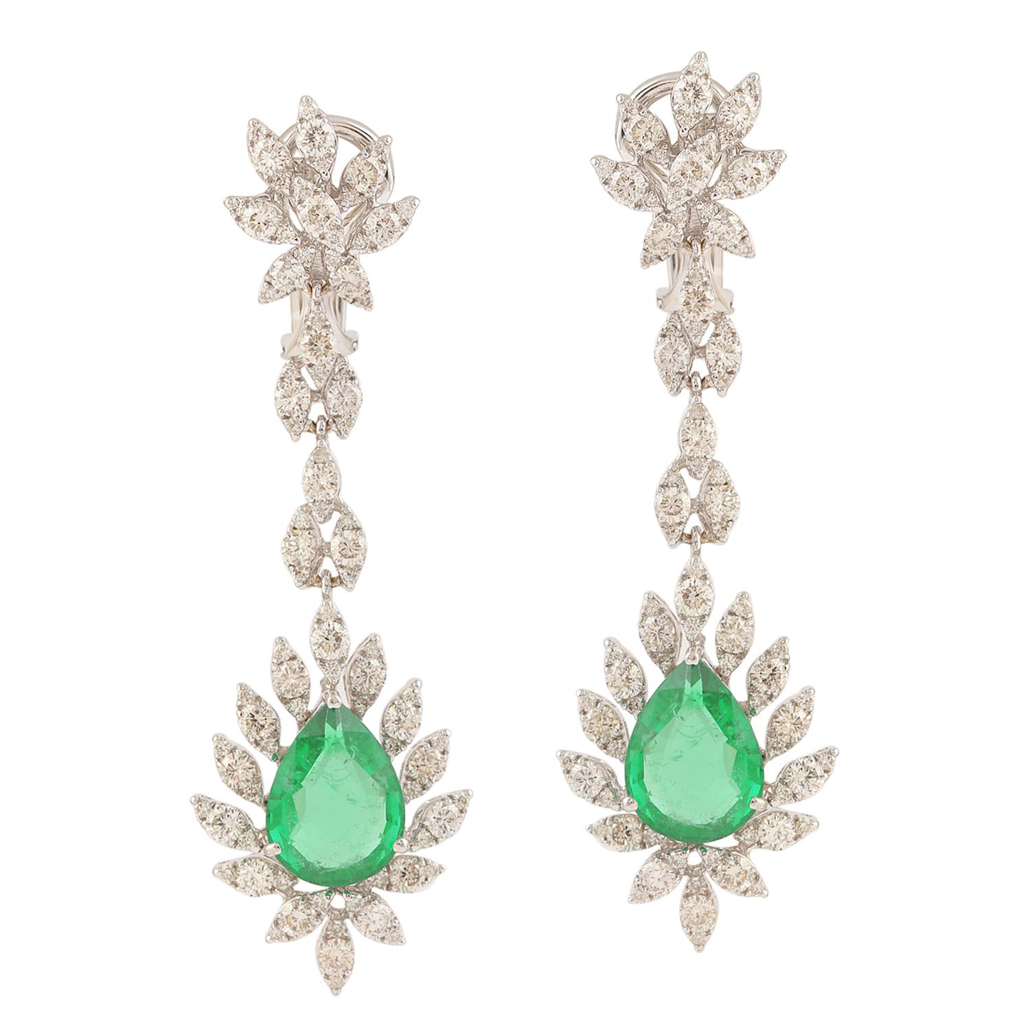 Pear Cut 7.16 Carats Zambian Emerald 3.93 Carats Diamond 14 Karat Gold Drop Earrings For Sale