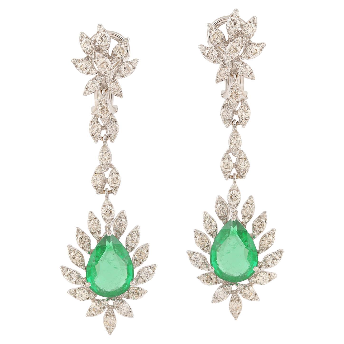 7.16 Carats Zambian Emerald 3.93 Carats Diamond 14 Karat Gold Drop Earrings For Sale