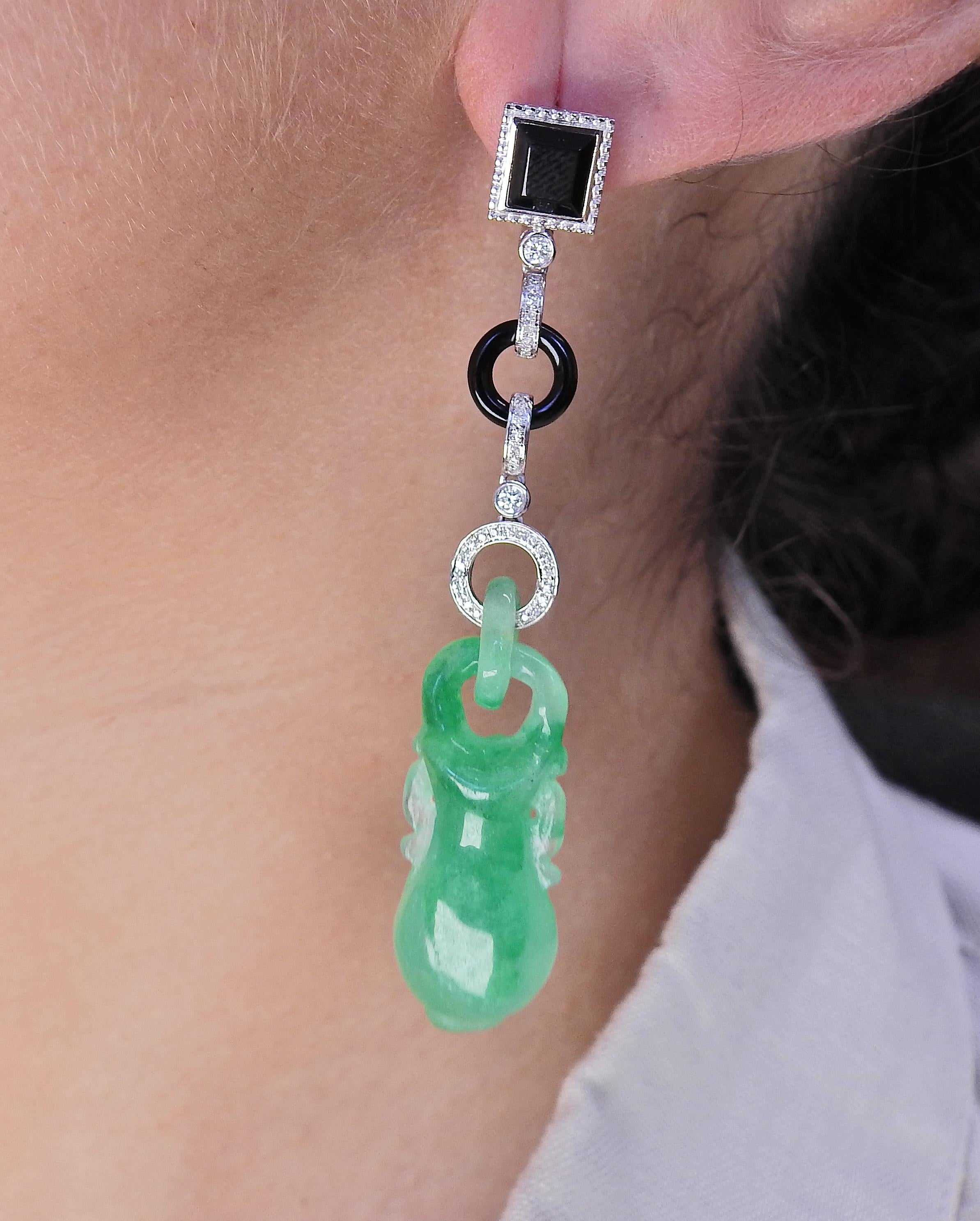 71.60ctw Carved Jadeite Jade Onyx Diamond Gold Drop Earrings In Excellent Condition In New York, NY