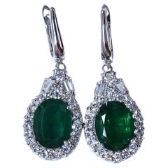 7.16ct Natural Oval Emeralds Diamond Dangle Earrings 14kt Cluster Crown Halo