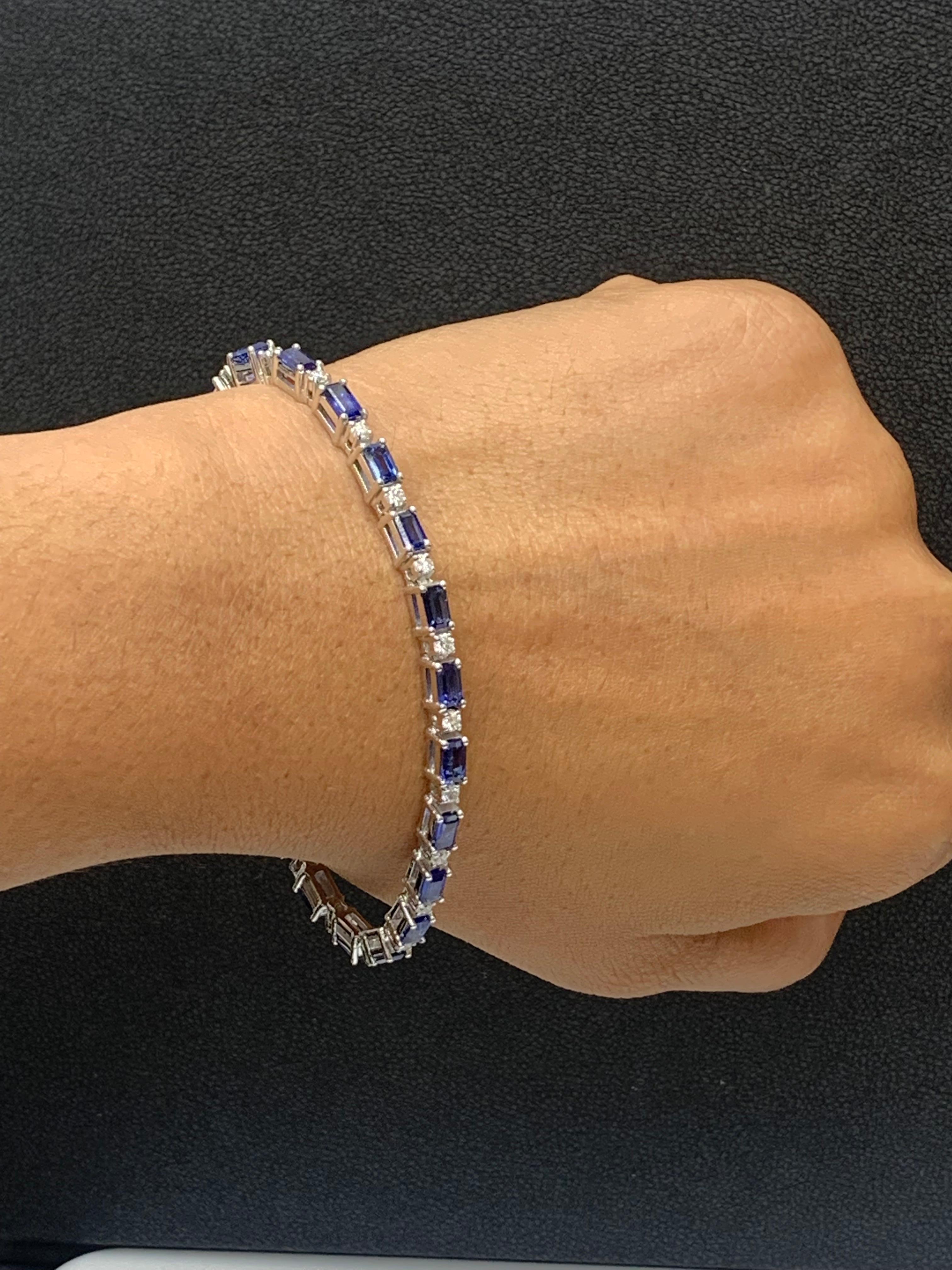 Modern 7.17 Carat Emerald Cut Blue Sapphire and Diamond Bracelet in 14K White Gold For Sale