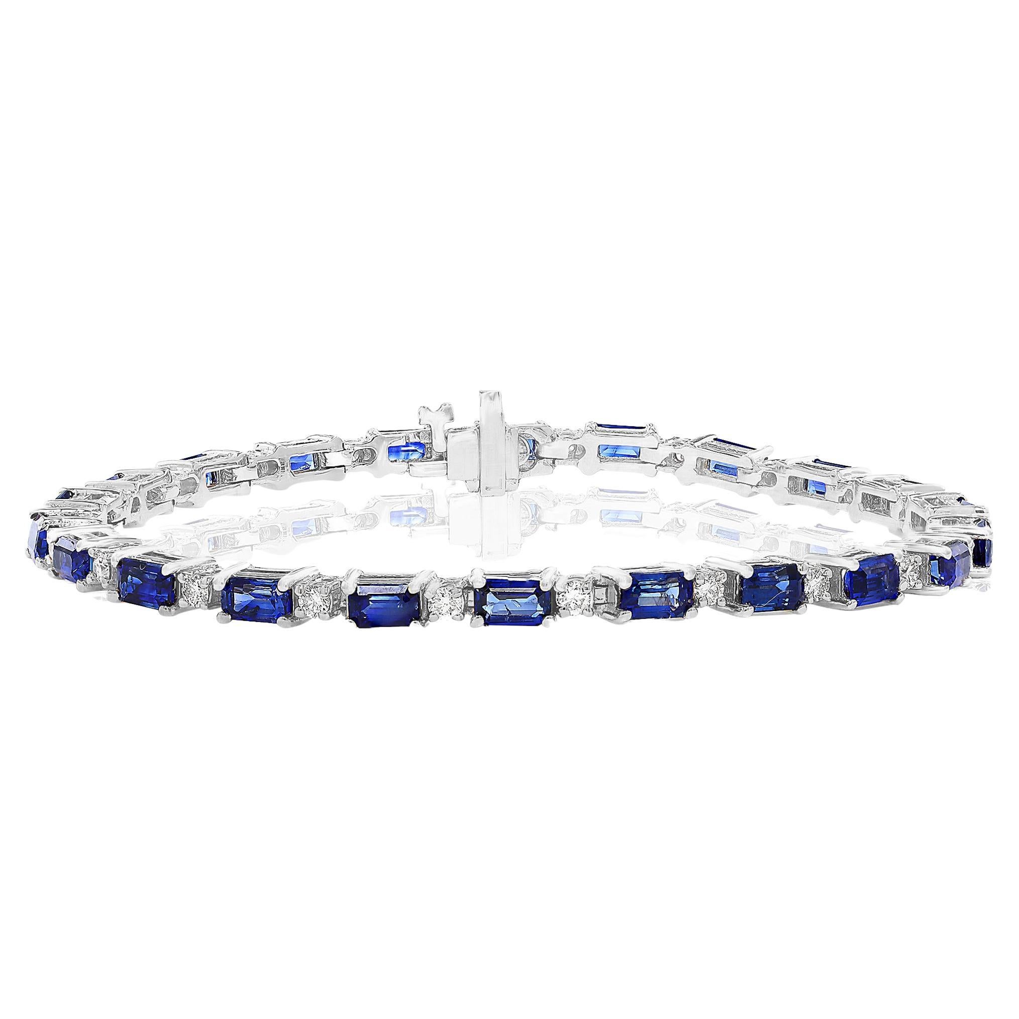 7.17 Carat Emerald Cut Blue Sapphire and Diamond Bracelet in 14K White Gold For Sale