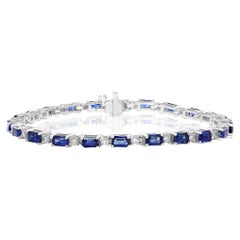 7.17 Carat Emerald Cut Blue Sapphire and Diamond Bracelet in 14K White Gold