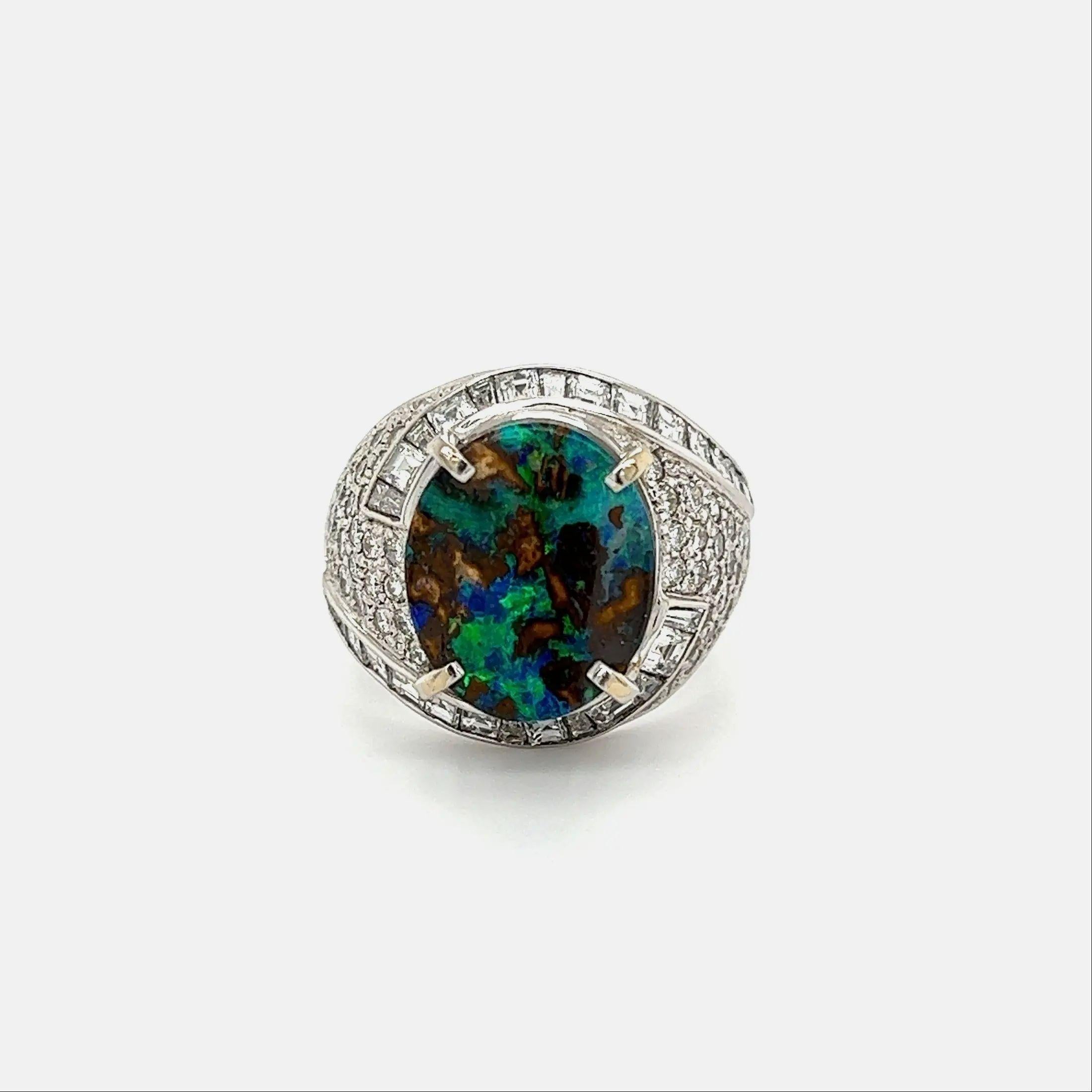 Modern 7.18 Carat Australian Boulder Opal and Diamond Vintage Platinum Ring For Sale