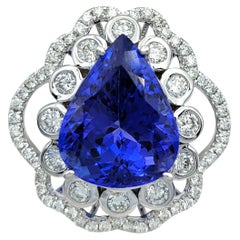 7.18 Carat Pear Cut Tanzanite Cocktail Ring with Diamonds in 14 Karat White Gold